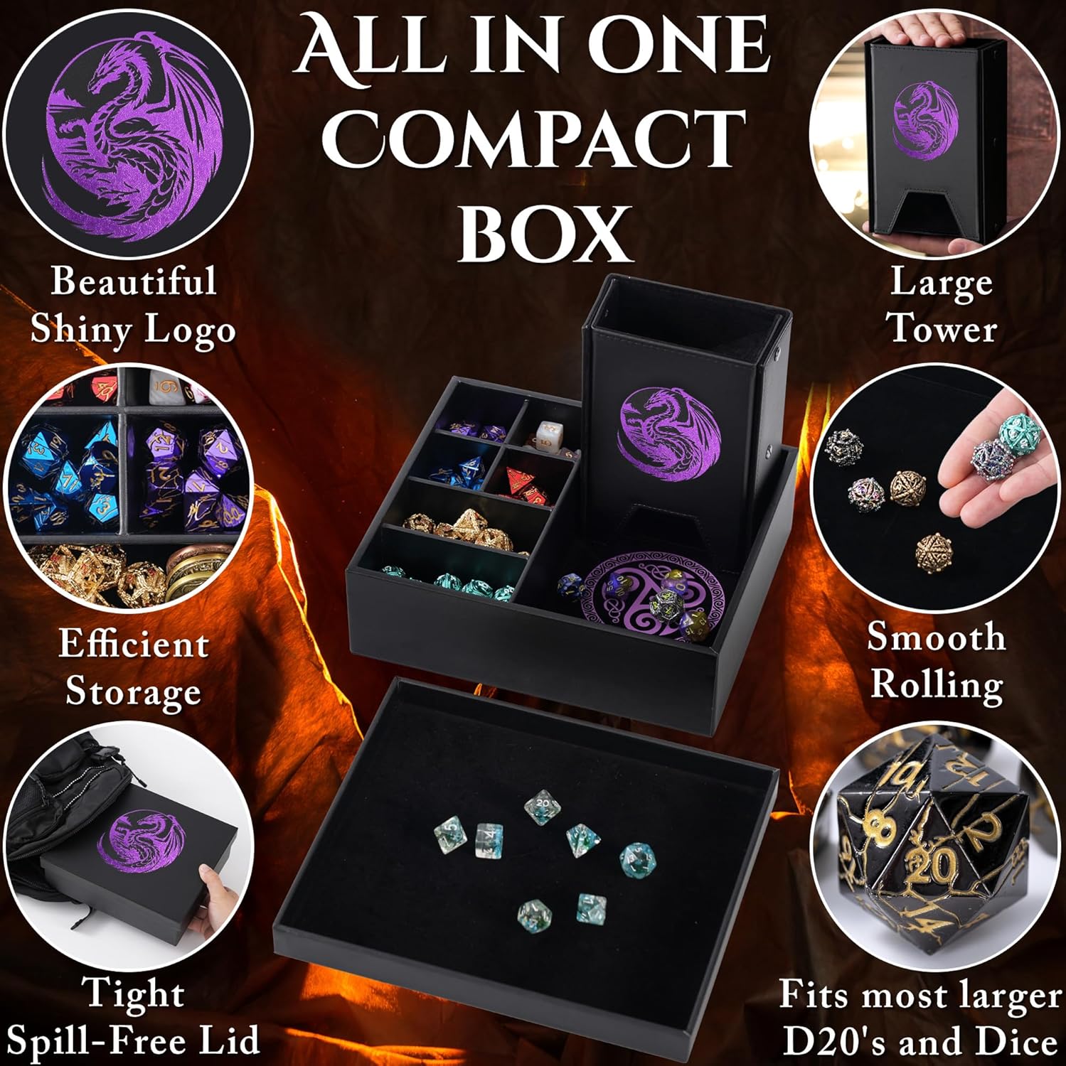 Soar Forge Dice Tray and Dice Tower for DND and RPG - All-in-One Game Roamer Tray & Large Tower for Random Rolls - Stores Your Sets, Mini's and More Compatible with D&D Gift Accessories(Purple Dragon)