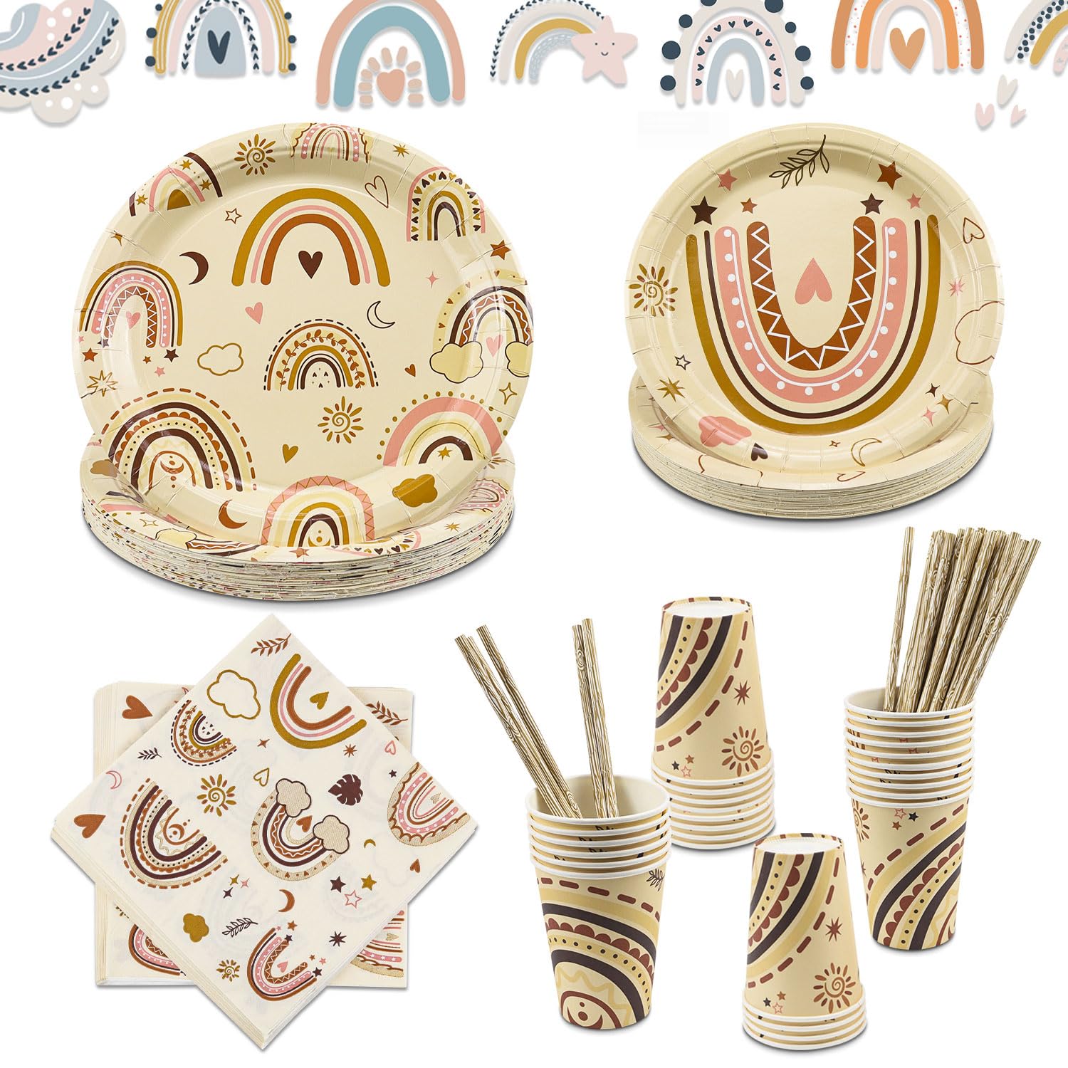 Vaisselle Jetable Bohème Arc-en-Ciel - Lot 100 Pièces Pour 20 Personnes - Assiettes, Gobelets, Serviettes