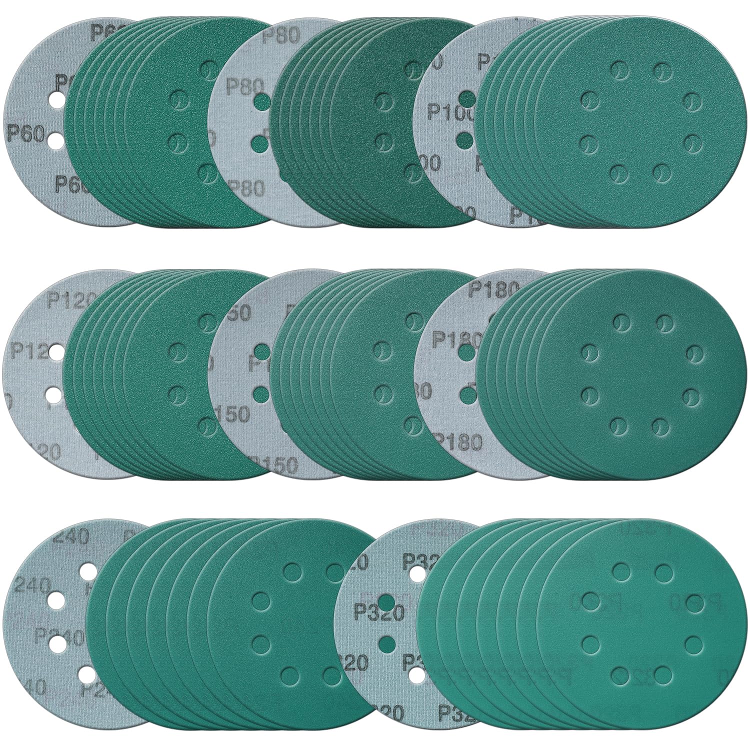 5 Inch 8 Hole 80 Pcs Sanding Discs Set Heavy-Duty Hook and Loop 60 80 100 120 150 180 240 320 Grit Polyester Green Film Backed Sandpaper Wet Dry