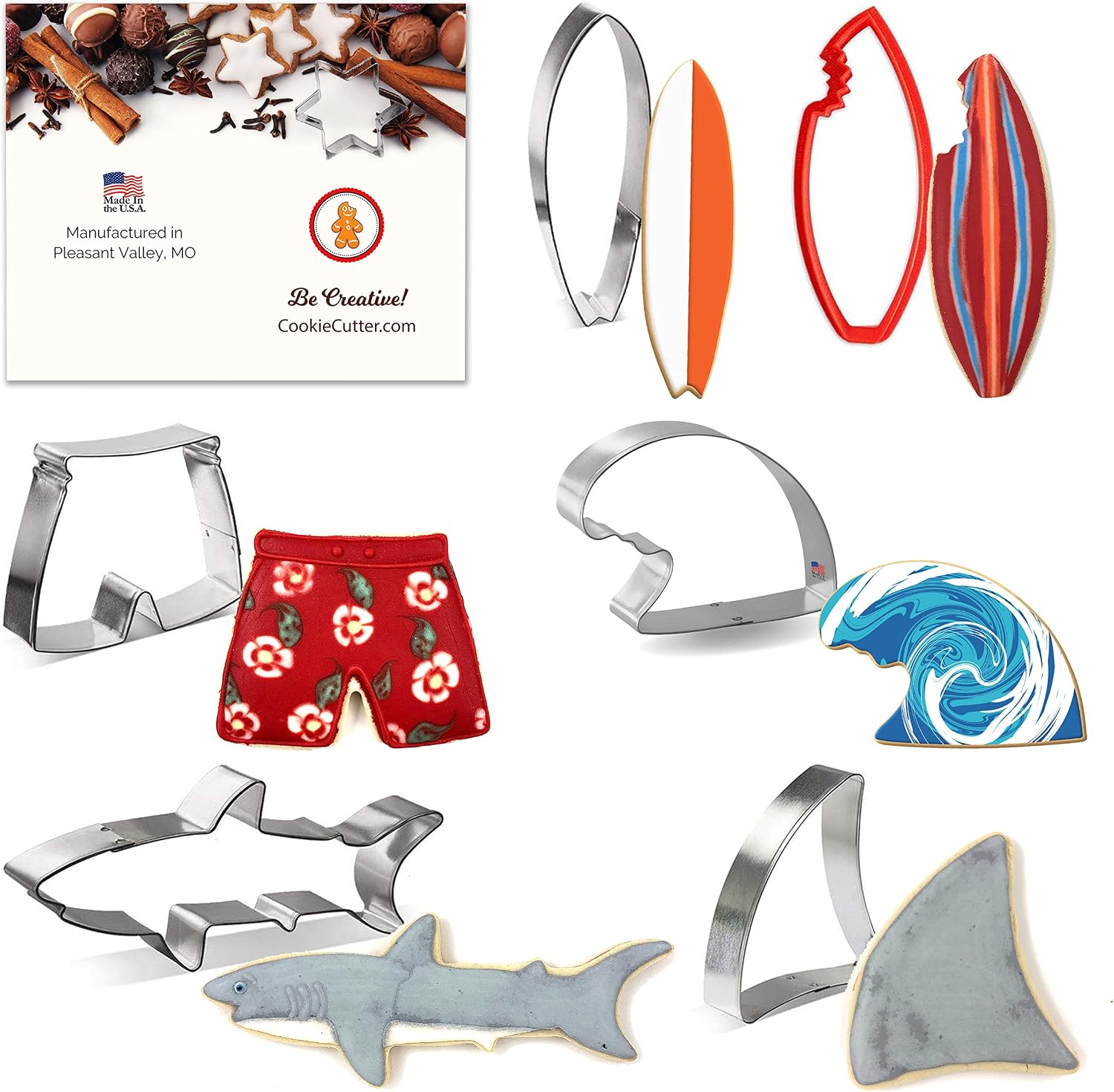 Surfs Up Cookie Cutter 6 Pc Set – Shark, Shark Fin, Surfboard, Surfboard with Bite, Swimming Trunks, Wave, Recipe Card Cookie Cutters Hand Made in the USA from Tin Plated Steel
