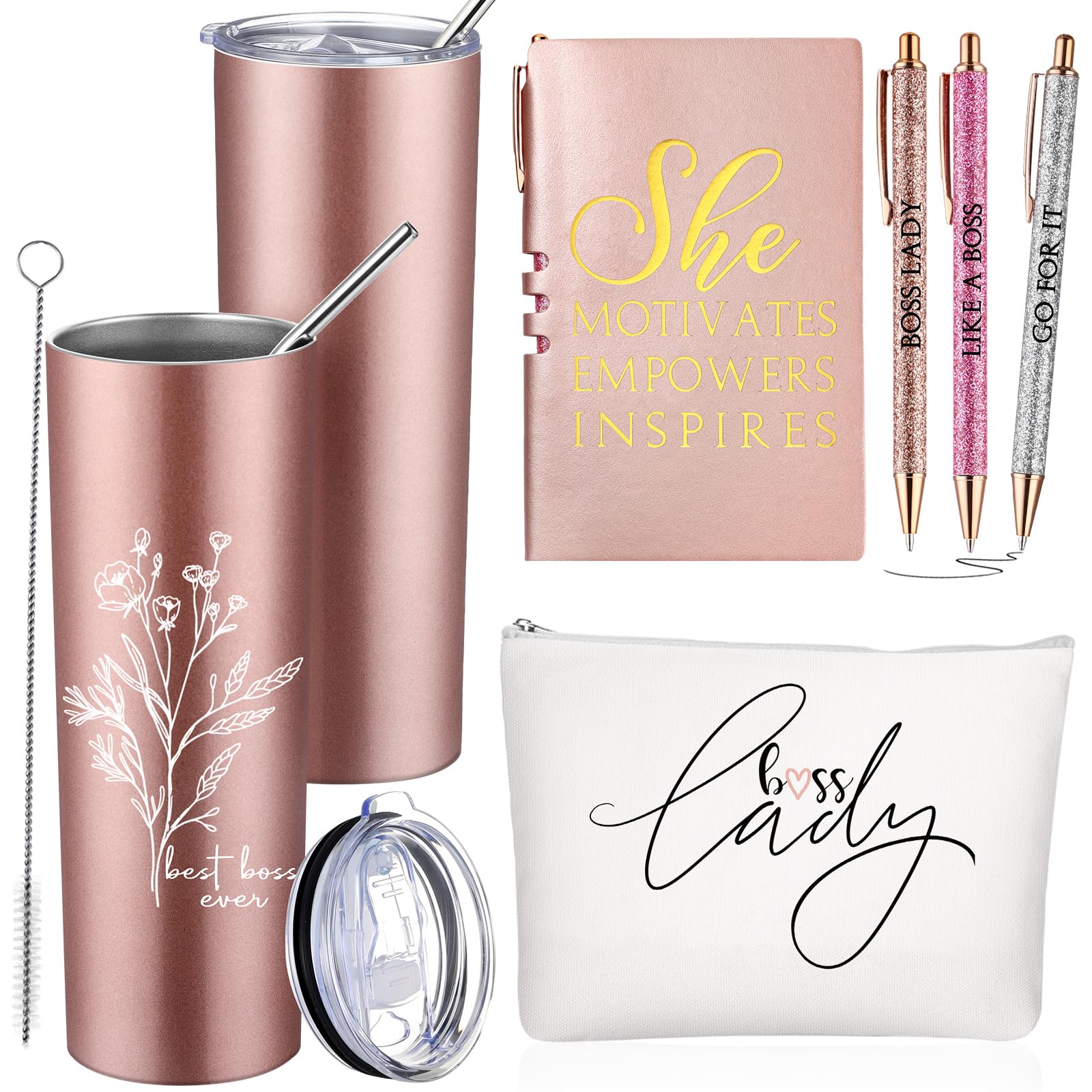 Funnymoom 6 Pcs Boss Day Gift Set Lady Appreciation Thank You for Women 20 oz Aesthetic Boho Flower Tumbler Tote Bag Makeup Bag A6 Notepad with 3