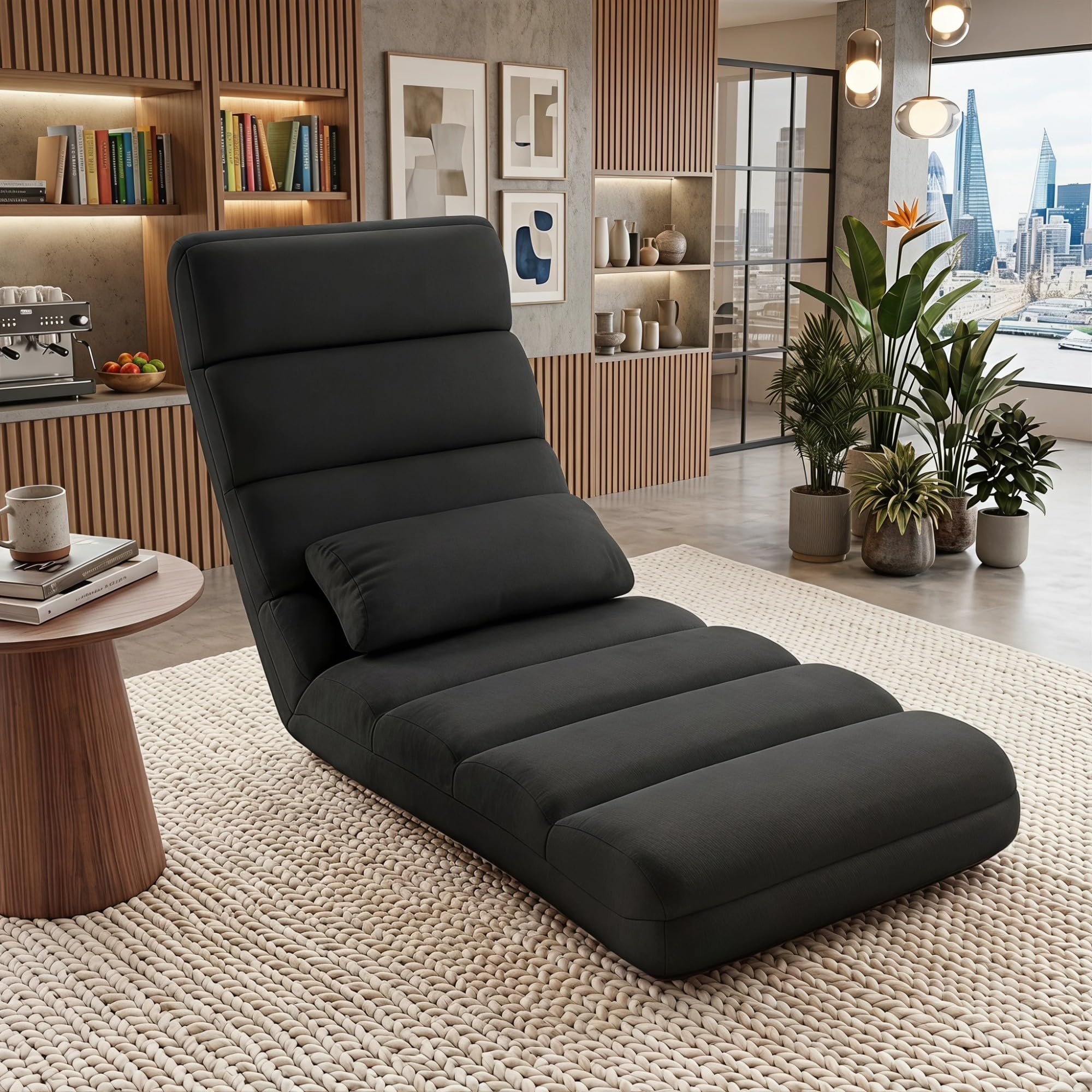 RELAX4LIFE Relaxliege, Bodenliege 5-Fach Einstellbar, Bodenstuhl Faltbar, Relaxsessel mit Kissen, Liegesessel mit Schlaffunktion, bis 120kg belastbar, Klappsessel für Lesen & Schlafen (Schwarz)
