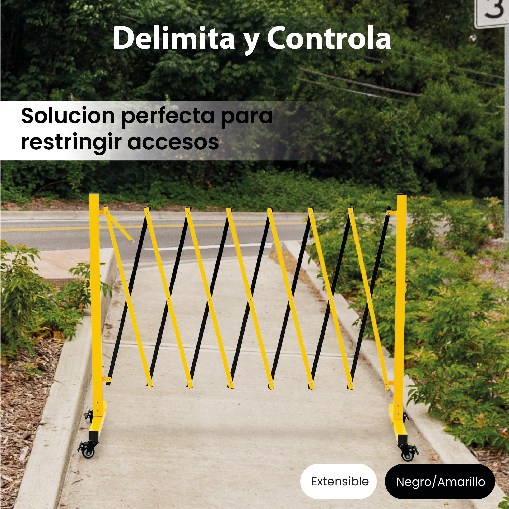 Barricada Extensible 3m con Ruedas Freno Vallas Obra Barrera Metálica Portátil Seguridad Construcción Negro/Amarillo