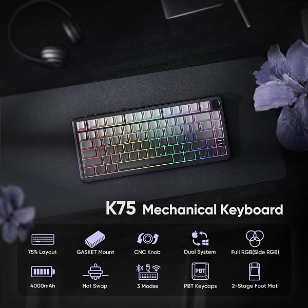 RedThunder K75 75% Wireless Mechanical Gaming Keyboard,Creamy Gasket-Mounted,Volume Knob,US Layout,Keycaps-Side Print,2.4G/BT/USB-C,RGB Underglow Lighting,Hot swappable Fast Apricot Switch for PC Mac - 2