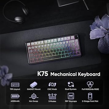 RedThunder K75 75% Wireless Mechanical Gaming Keyboard,Creamy Gasket-Mounted,Volume Knob,US Layout,Keycaps-Side Print,2.4G/BT/USB-C,RGB Underglow Lighting,Hot swappable Fast Apricot Switch for PC Mac