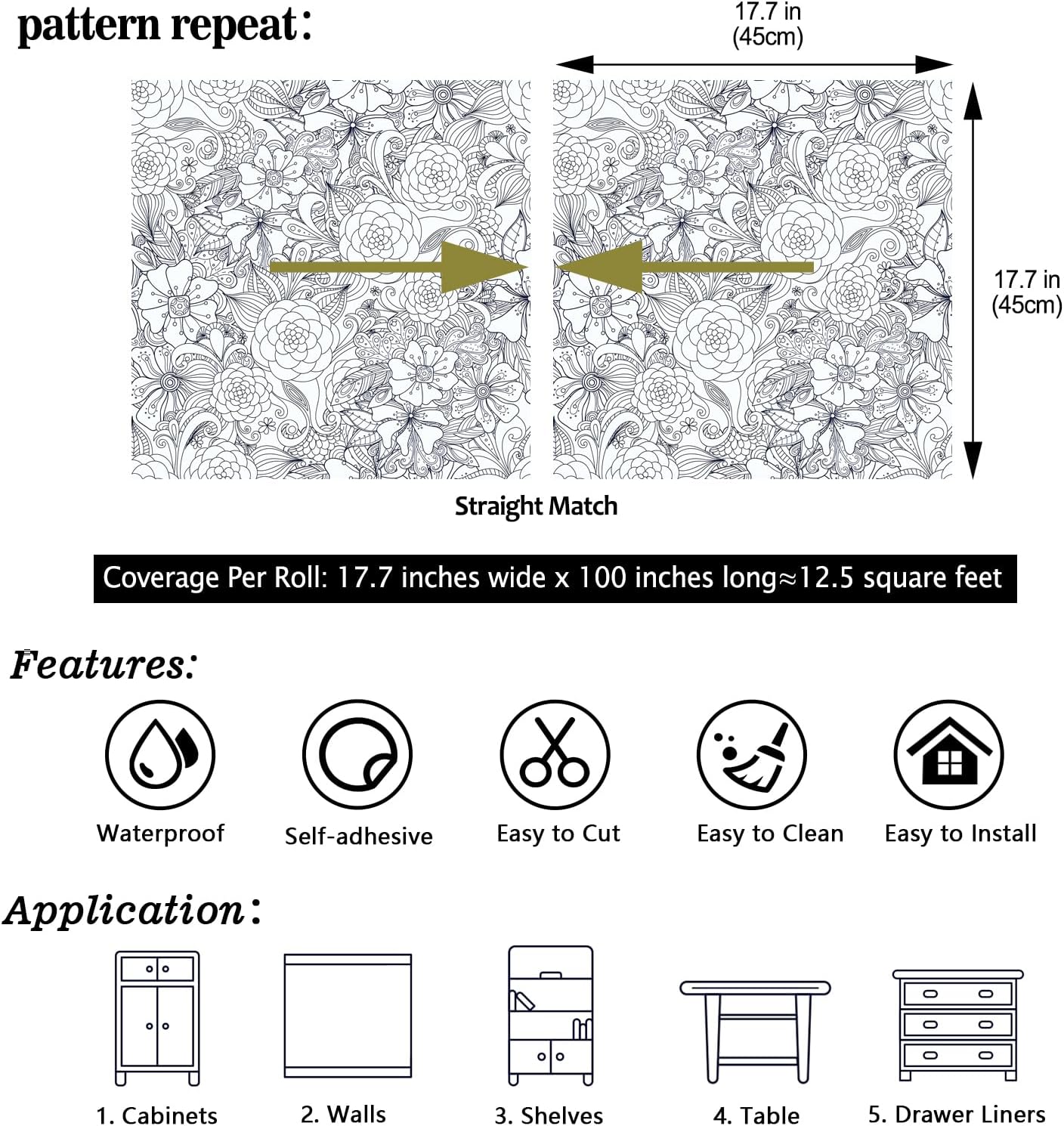CHIHUT Peel and Stick Paintable Wallpaper 17.7”x100” Black and White Floral Botanical Wallpaper Removable Waterproof Self Adhesive Floral Contact Paper for Furniture Refurbish Table Desk Wall Covering