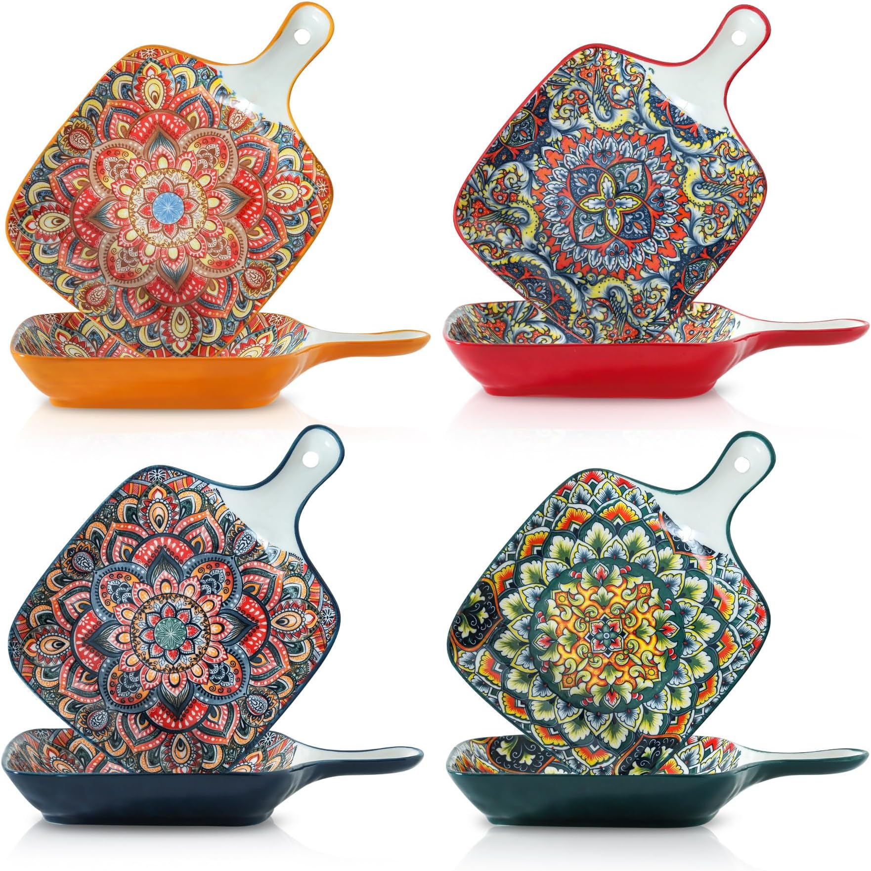 Ceramic Salad Square Plates With One Handle, 9.2in Boho Serving Bowls Set Of 4 For Appetizer, Cereal, Oatmeal, Dessert, Pasta, Dishwasher And Microwave & Oven Safe, Present & Party, Colorful