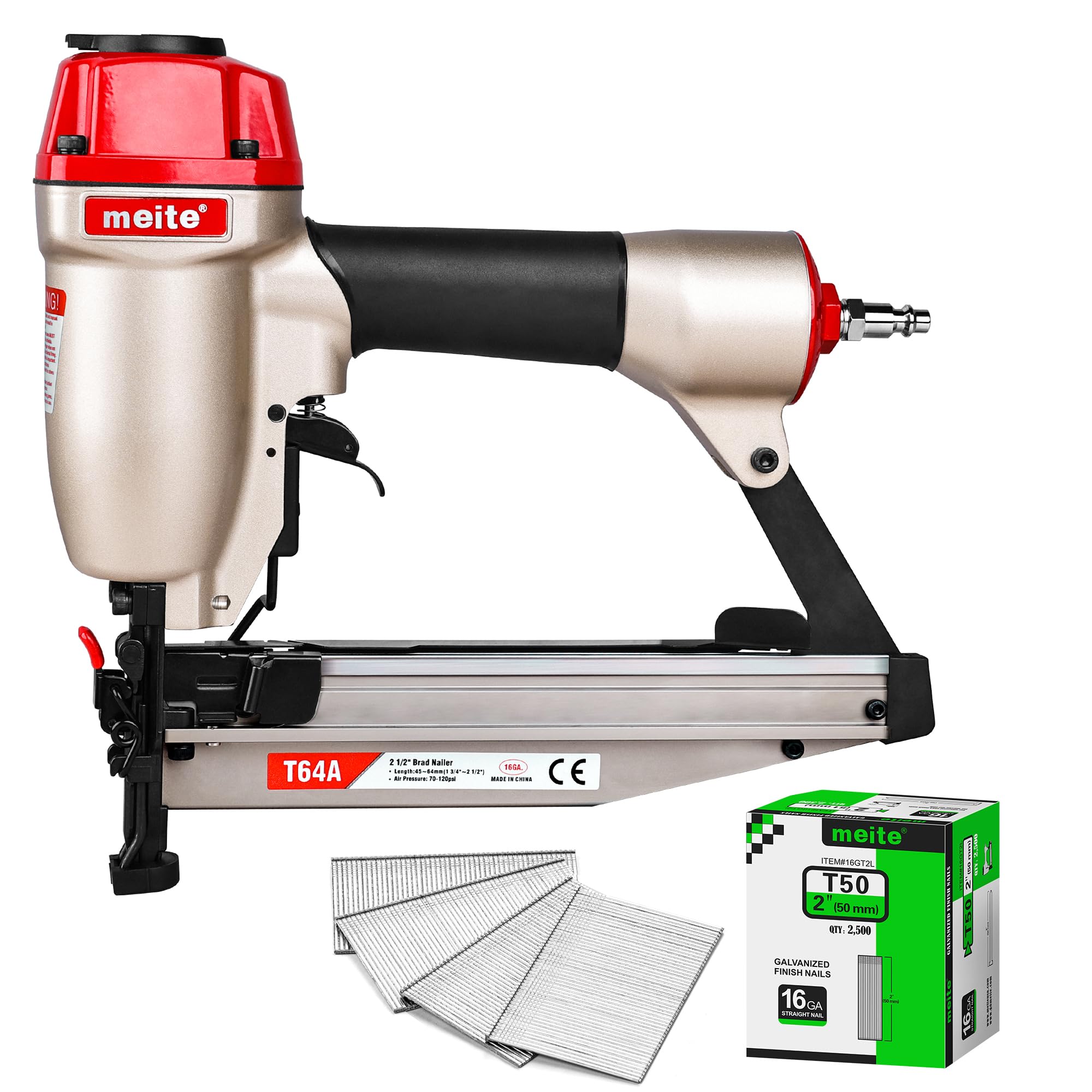 meite T64A 16 Gauge Finish Nailer with 2,500PCS 2" Nails, Pneumatic Straight Finish Nail Gun with Quick Jam Release for Baseboard Cabinetry Trim,