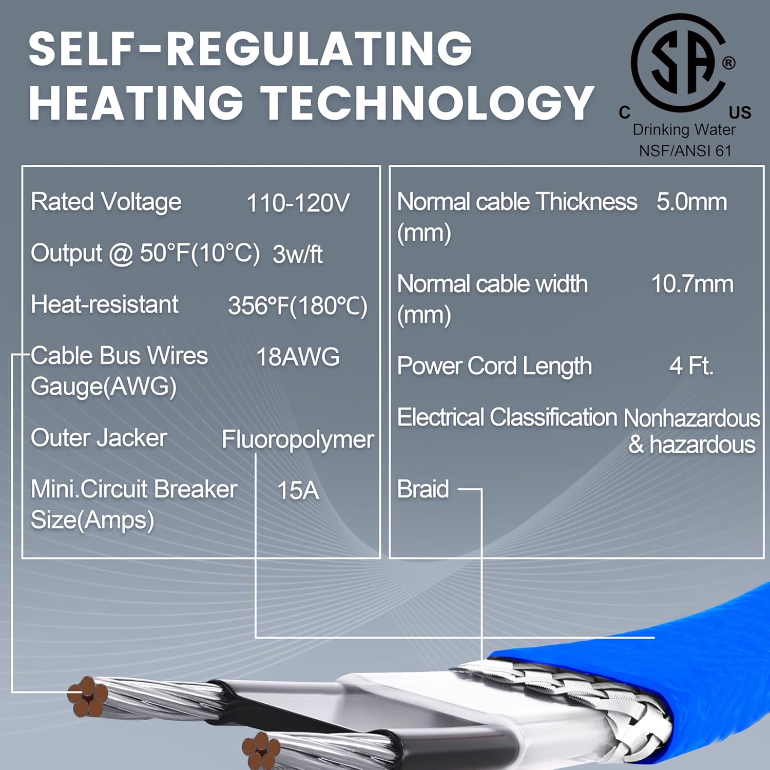 In Pipe Heating Cable Prevents Pipes from Freezing, YeloDeer Internal Self-regulating Heat Trace Cable for Safe Drinking Water, CSA 120 V 10 ft.
