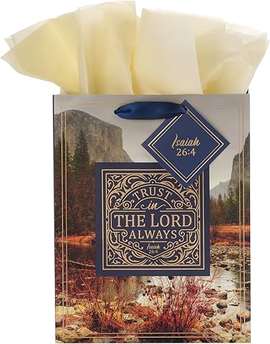 Christian Art Gifts Bolsa de regalojuego de papel de seda Trust In The Lord Always Isaías 264, versículo bíblico azuldorado, mediano