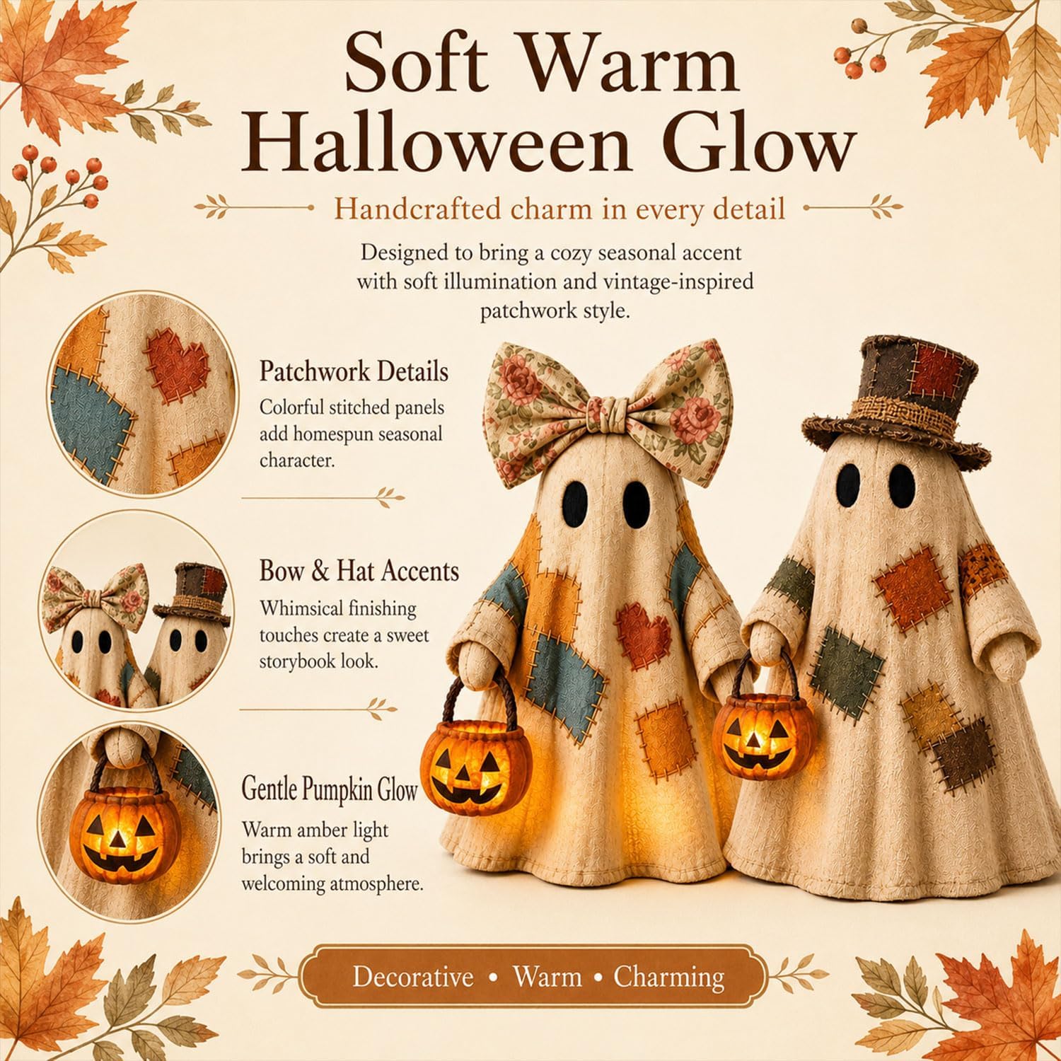 Halloween Indoor Decorations,2 Pack Cute Light Up Ghosts with Pumpkin Lantern Decor, Farmhouse Halloween Figurine, Party Decor Outside for Tree Porch Yard Garden Lawn 4.33x2.36 Inch image 4