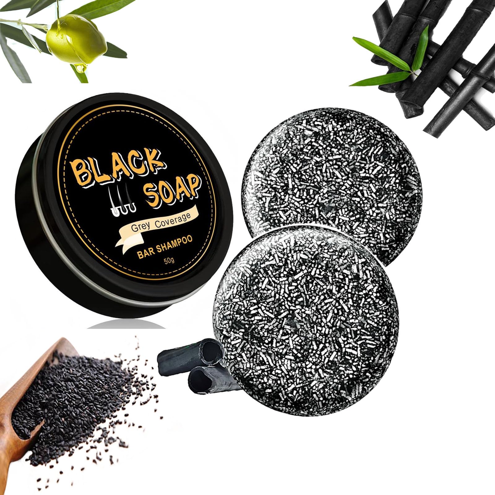 pewatul Gray Hair Reverse Bar Soap，Natural Black Soap for Gray Hair Coverage, Darkening Shampoo Bar with Ginseng & Black Sesame, Vegan, Moisturizing &