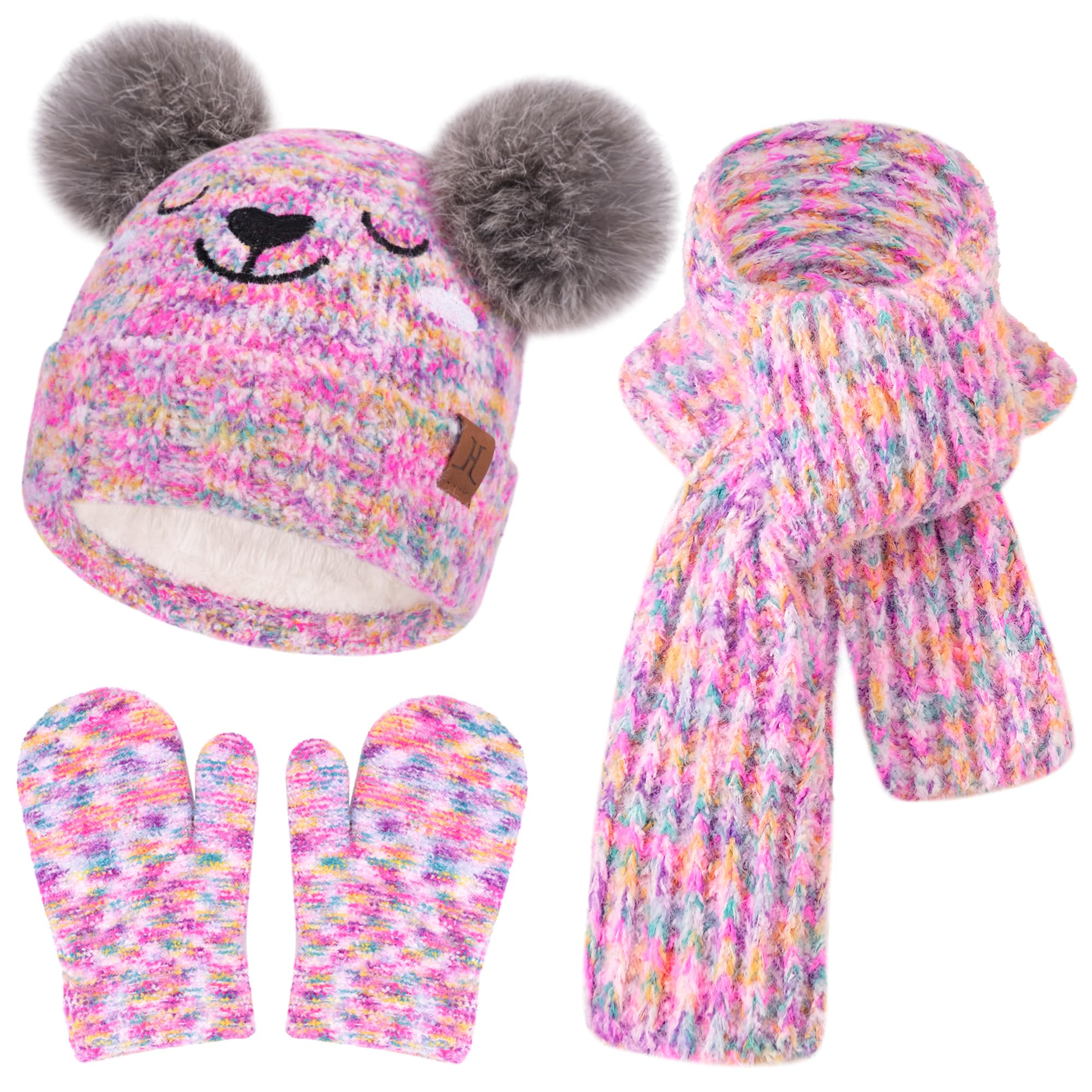 Niños Invierno Gorro Pompon Guantes Bufanda Conjunto Manoplas con Forro Polar Regalo Bebe para 0-8 Años Niña Niño