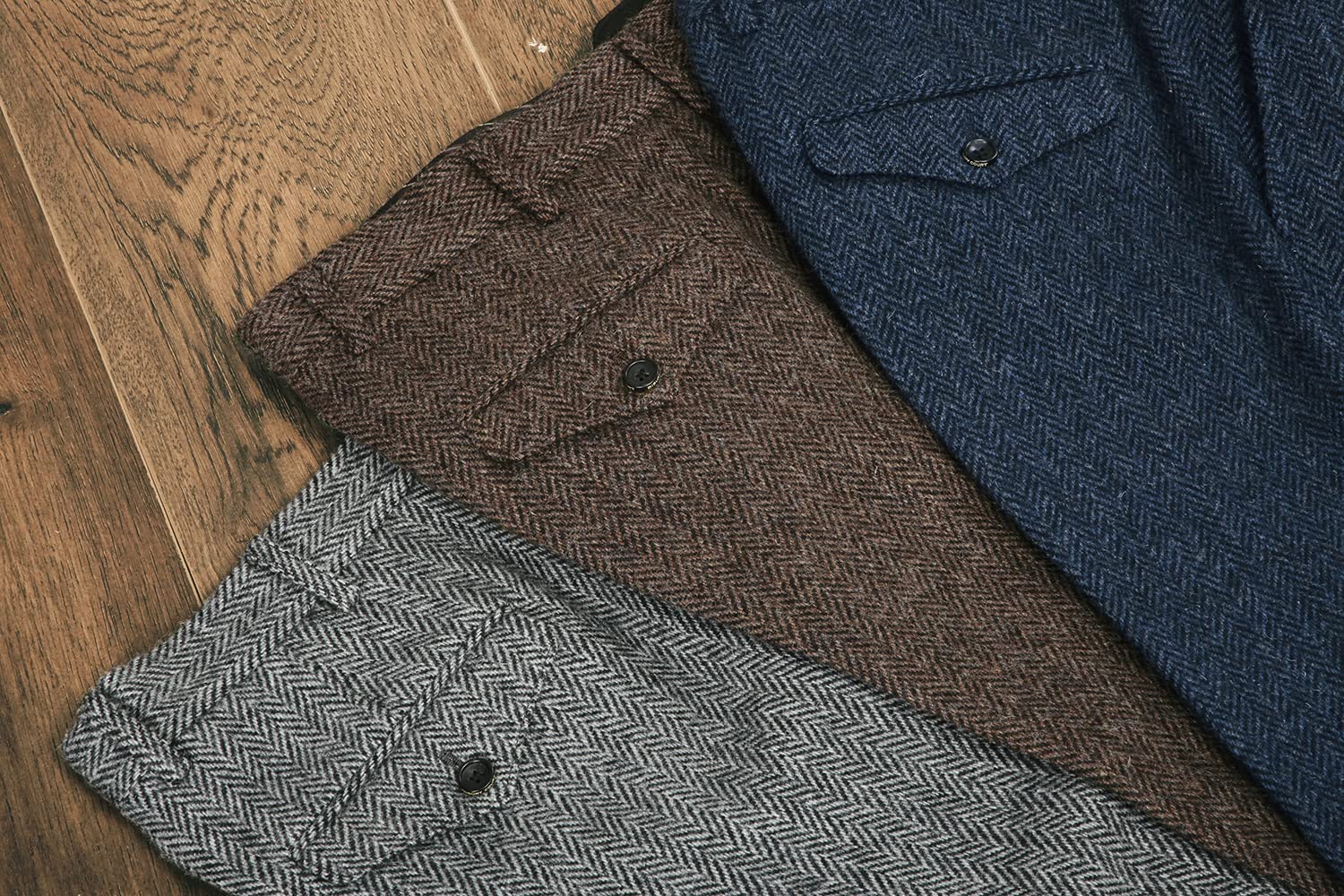 Pantalones de traje de vestir retro para hombre, pantalones de lana de tweed con frente plano en espiga