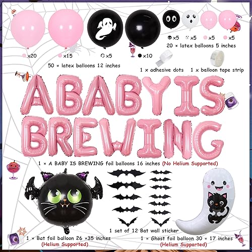 Miniatura 5 de Decoraciones de Halloween para baby shower para niña  Un bebé está preparando globos rosa y negro, kit de arco de guirnalda de globos fantasma,