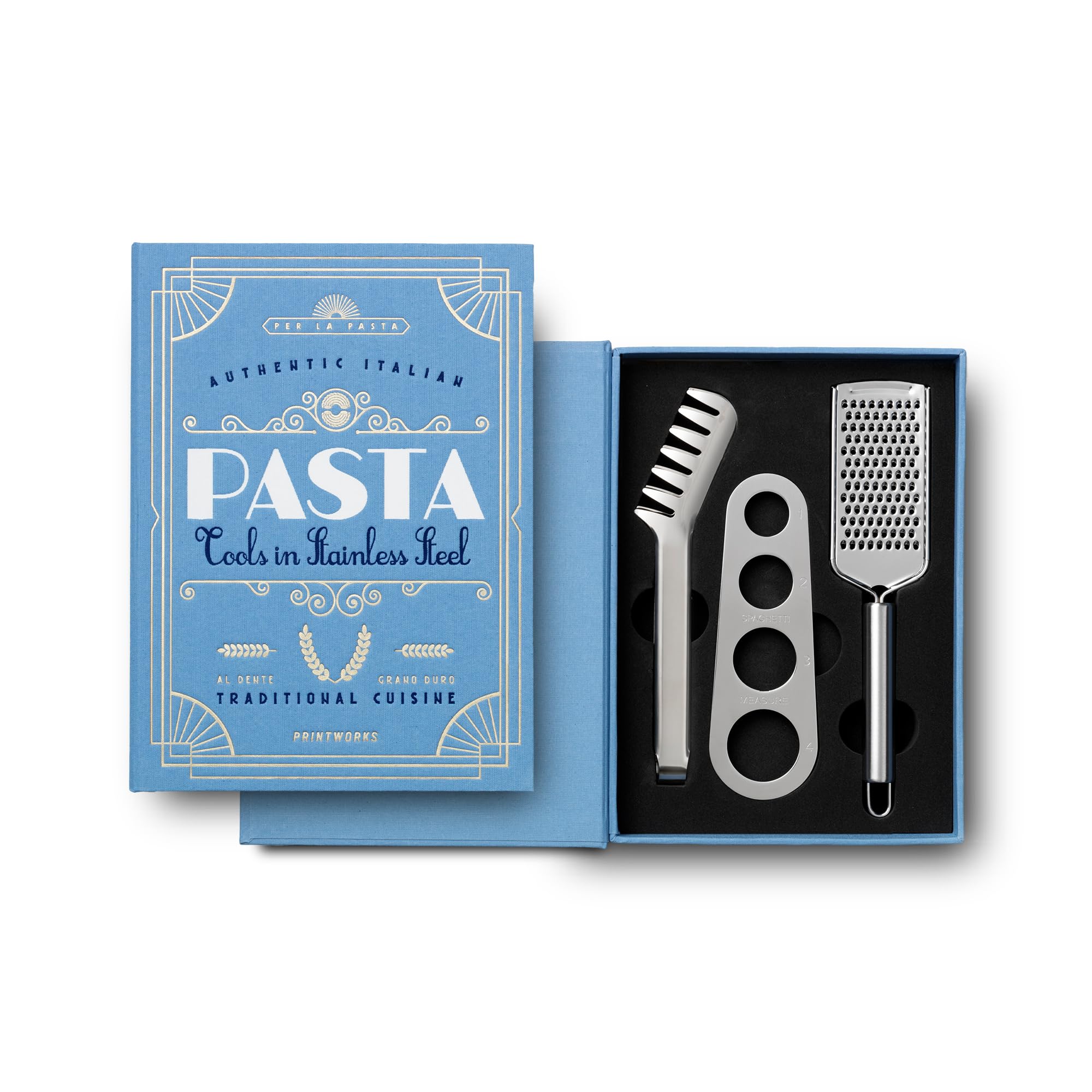Herramientas de pasta esenciales Printworks en formato de libro para cocina