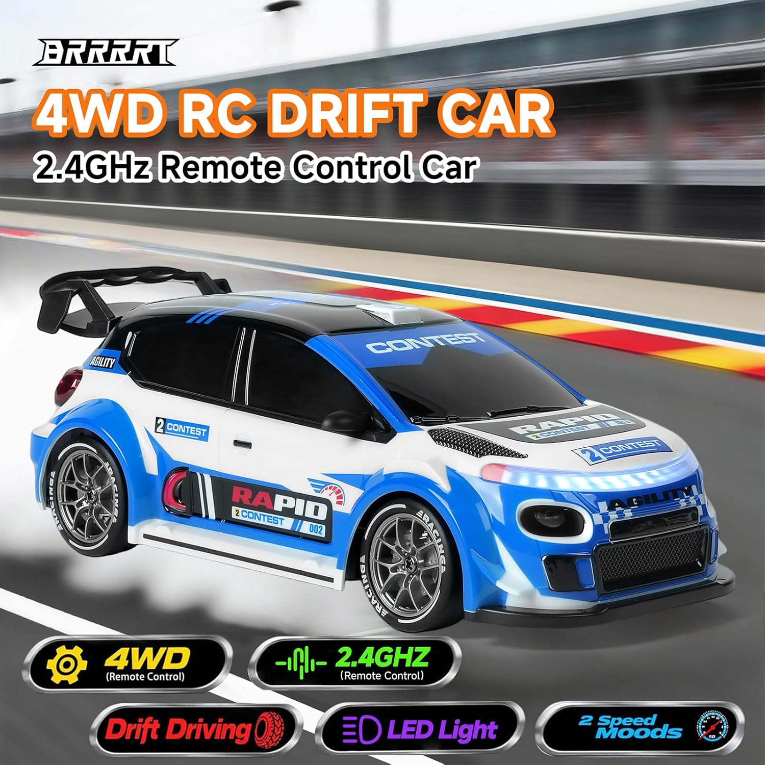 BRRRRT 1:24 Remote Control Rally Car,4WD High Speed Remote Control Cars with LED Lights,Drift Car for Boys and Girls Age 6+ Blue