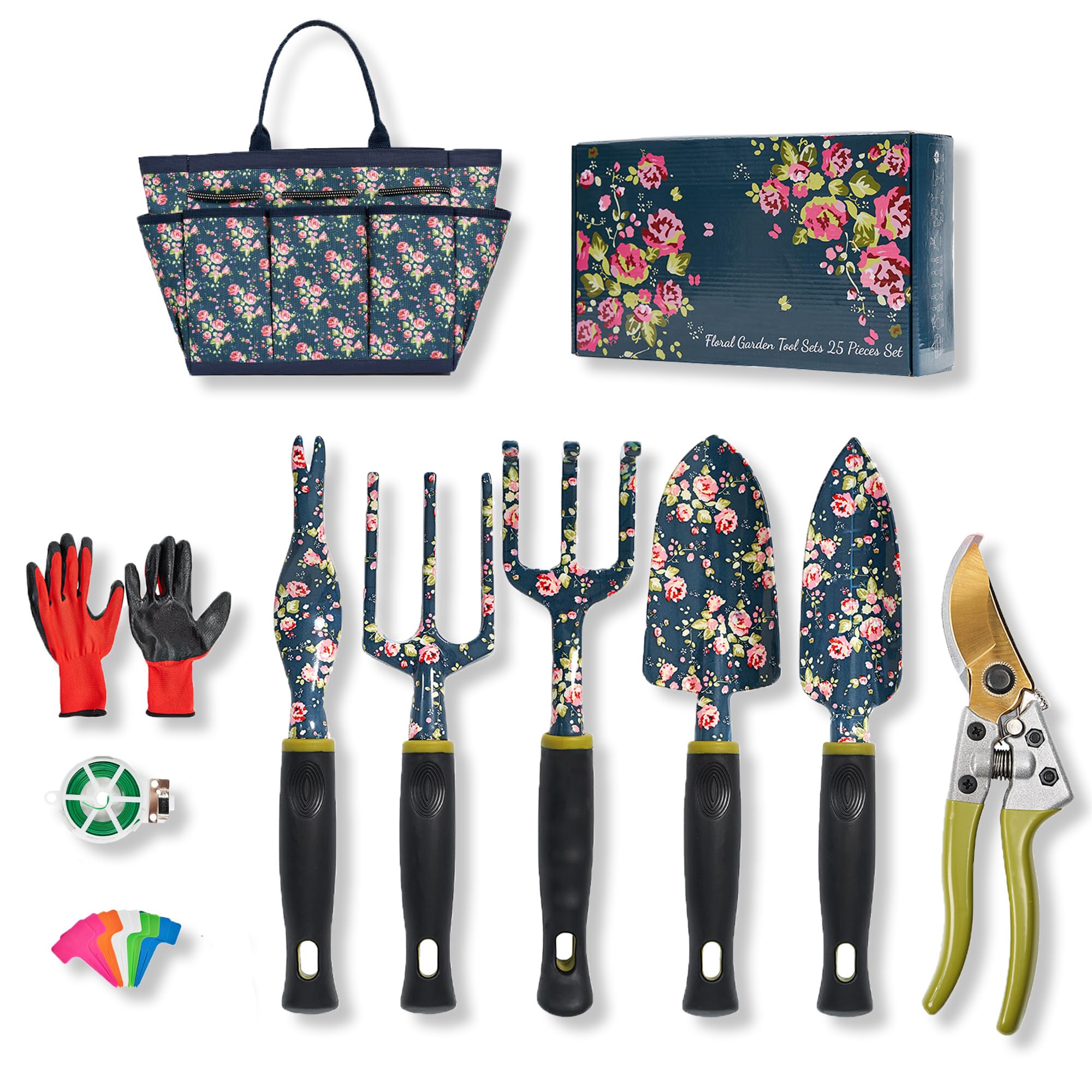 Juego de herramientas de jardín, 25 herramientas de jardín florales resistentes, kit de jardinería de aluminio a prueba de óxido con pala de jardín, pala, podadora, guantes, regalo ideal de