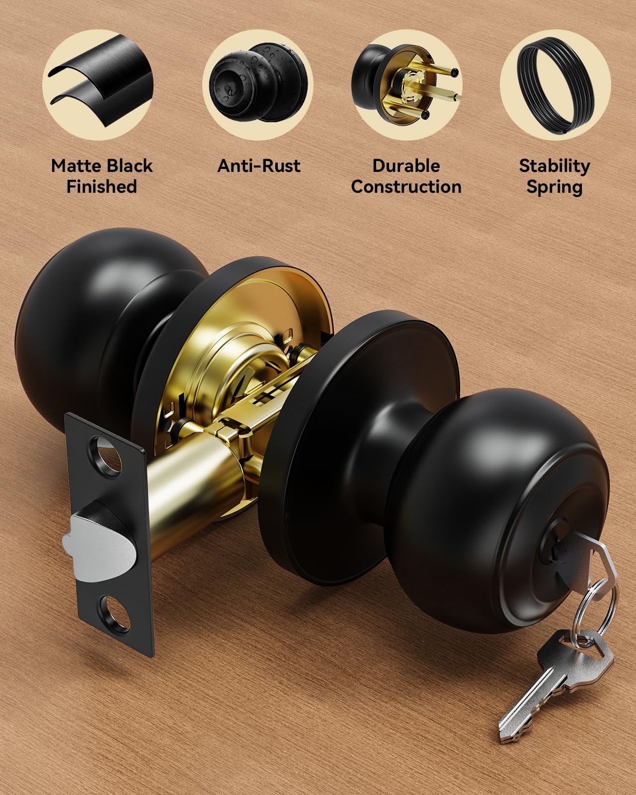 Matte Black Door Knobs with Key - 3 Pack -7