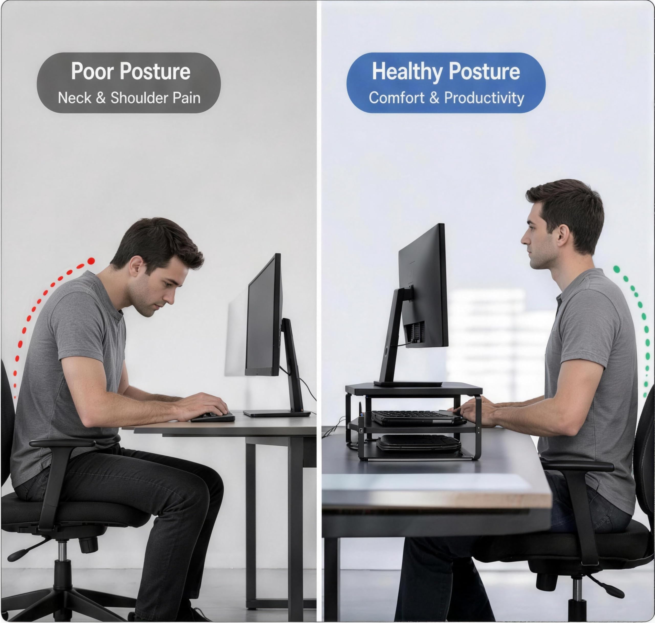 Supporto per monitor con supporto per telefono, supporto ergonomico per laptop a 2 livelli con cuscinetti antiscivolo per computer, notebook, iMac, PC, carico 50 kg, organizer da scrivania