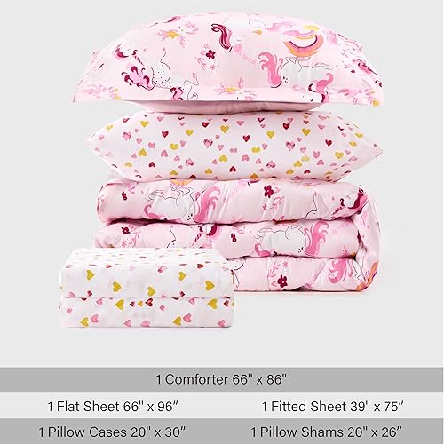 Miniatura 7 de Juego de ropa de cama infantil de unicornio de 5 piezas para niñas, cama en una bolsa, juego de edredón de microfibra súper suave y ligero con