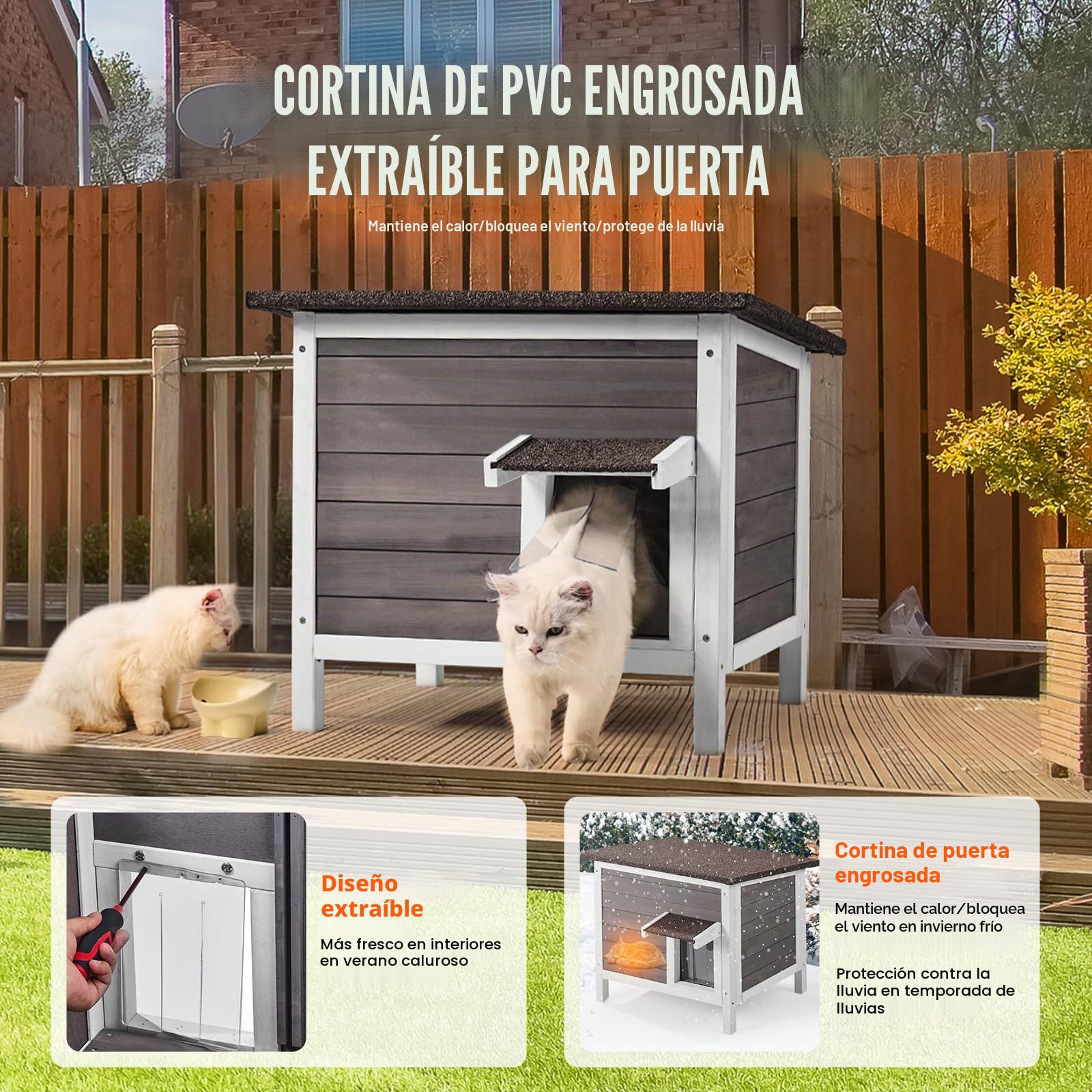 VEVOR Casa para Gatos de Exterior de 610 x 508 x 535 mm, Refugio para Varios Gatos de Madera de Exterior con Aislamiento de Espuma en Todos Los Lados, Techo Abierto, Puertas con Solapas de PVC, Gris
