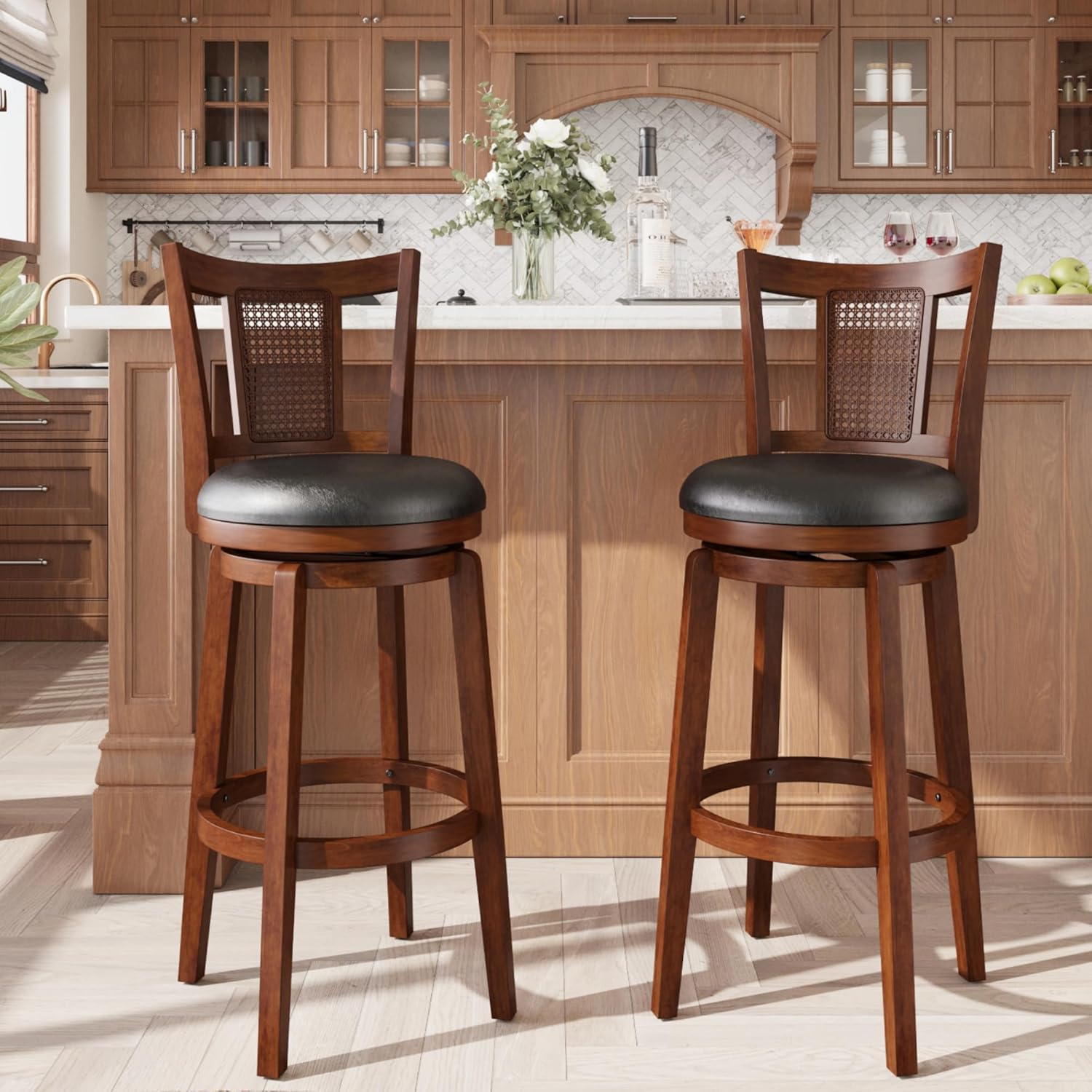 ALPHA HOME Swivel Bar Stools with Backs, 30 Inch Bar Stools Set of 2, Wooden Bar Stools, 360 Degrees Swivel Chairs with Upholstered, Wrap-Around Footrest for Pub, Kitchen, Dark Walnut/Black
