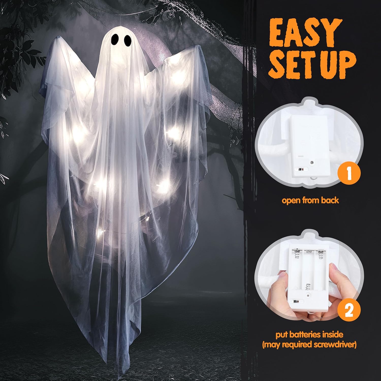 JOYIN Halloween Hanging Light up Ghost with Spooky White LED Light, 47” Halloween Hanging Ghost Decoration for Front Yard Patio Lawn Garden Party Decor Indoor Outdoor