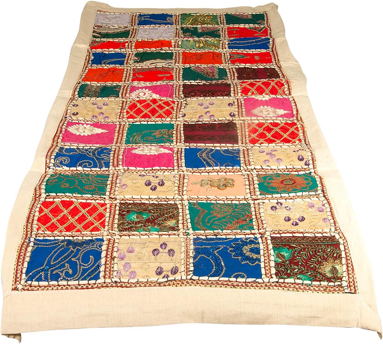 White Table Runner Cotton 18" x 58" Hand Embroidered Boho Bohemian Colorful Patchwork Indian Decoration Decor Tapestry