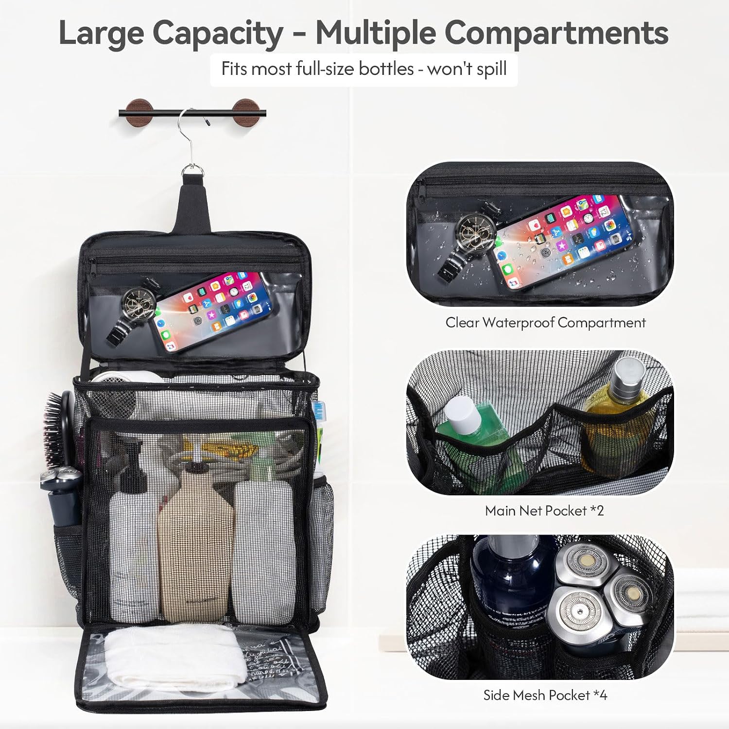 Portable Mesh Shower Caddy Bag for College Dorm Essentials Collapsible Shower Bag with Hanging Hook and Handle Quick Dry Large Capacity Shower Caddy Organizer Toiletry for Travel, Camping, Gym