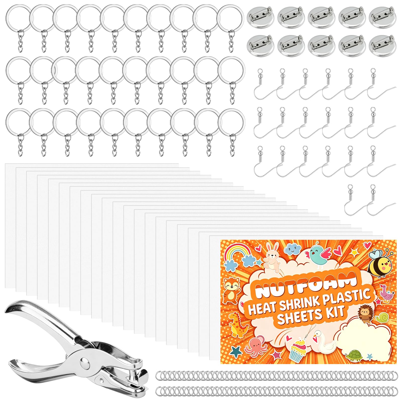 Nutfoam 181 PCS Shrink Plastic Sheets Kit, 20 PCS Shrinky Dink Paper with 161 PCS Keychains Accessories, Shrink Art Paper for Kids Craft and Art Supplies DIY Hand Made Ornaments