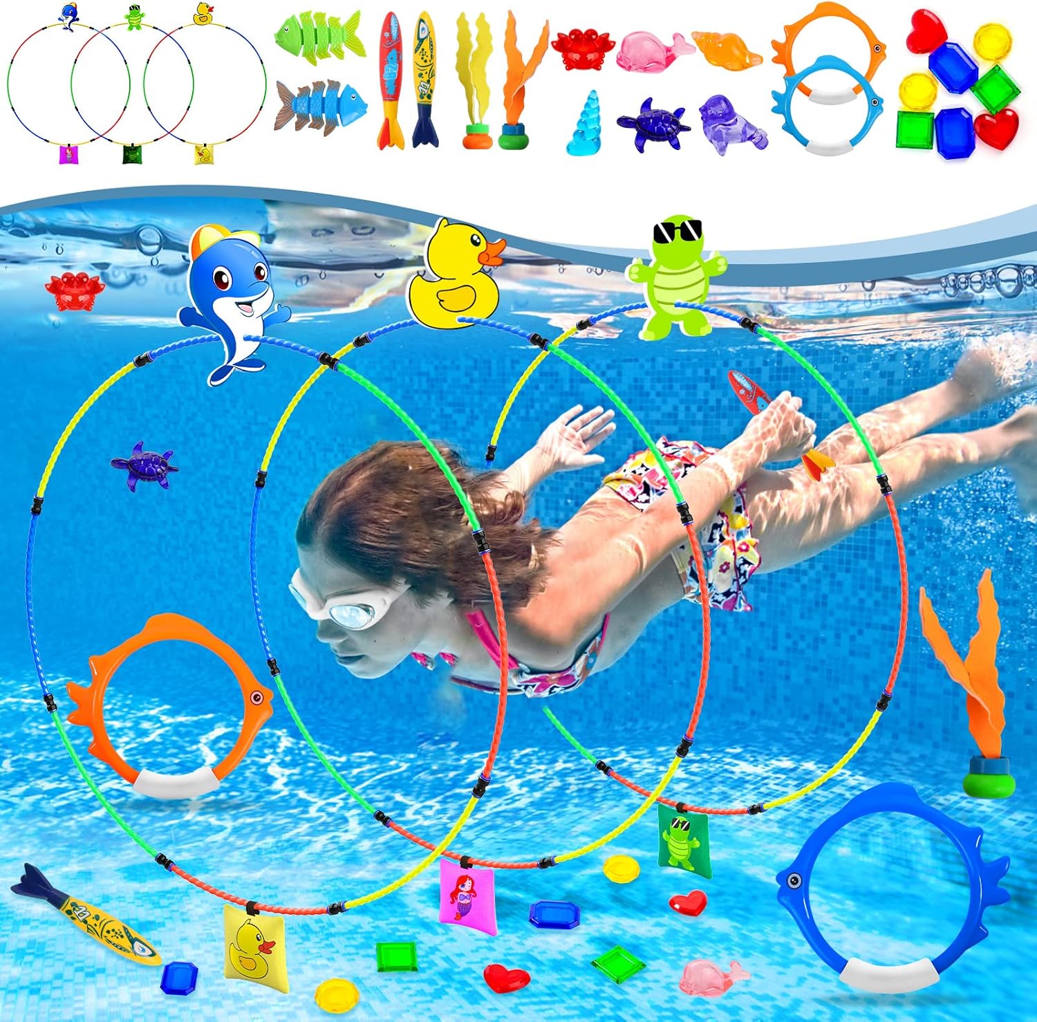 Gushu Diving Toys for Kids 32 Pcs Pool Toys Set with Diving Swim Thru Rings for Kids