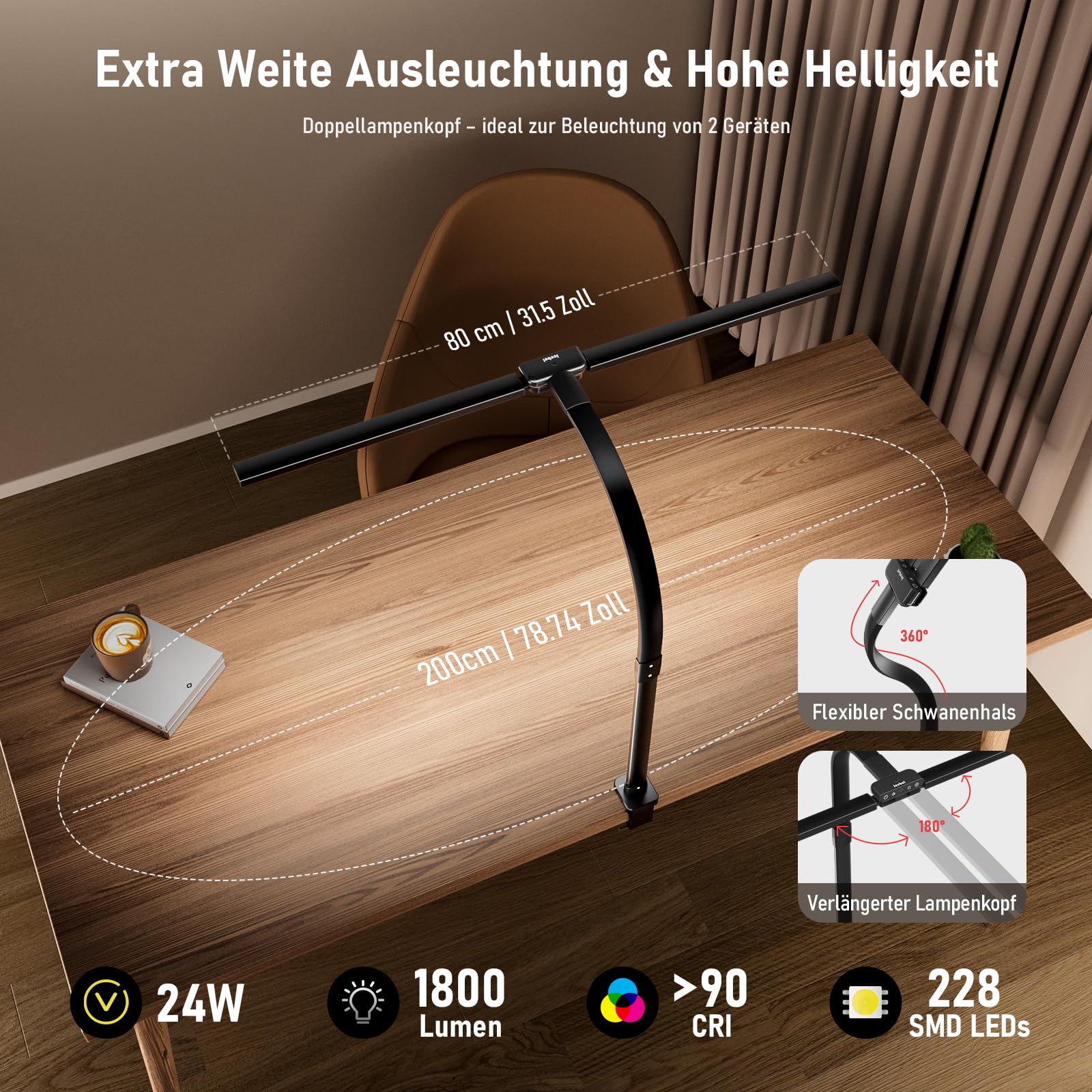 Jeebel LED Schreibtischlampe Dimmbar 24W, 1800LM 80cm Doppelkopf Schreibtisch Lampe mit Fernbedienung, Klemmbar(9,5cm), 10 Farbtemperatur 10 Helligkeitsstufe, Schwanenhals Lampe Tischlampe für Büro