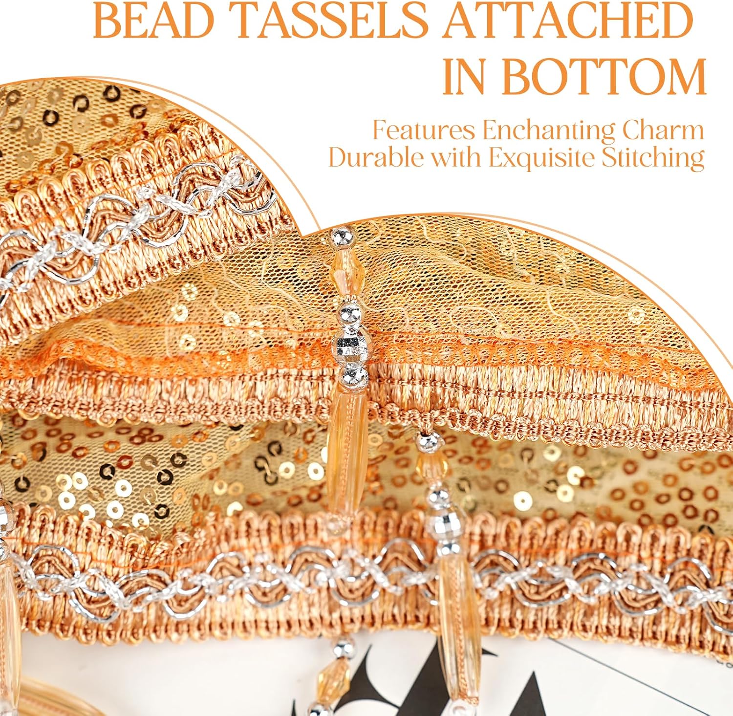 Beaded Sequin Curtains Valance for Window Treatment, Rod Pocket Glitter Bead Trim Tassel Swag Curtain Light Filtering for Kitchen Cafe Living Room, Gold, 3 Panels, Each 52" W x 24" L