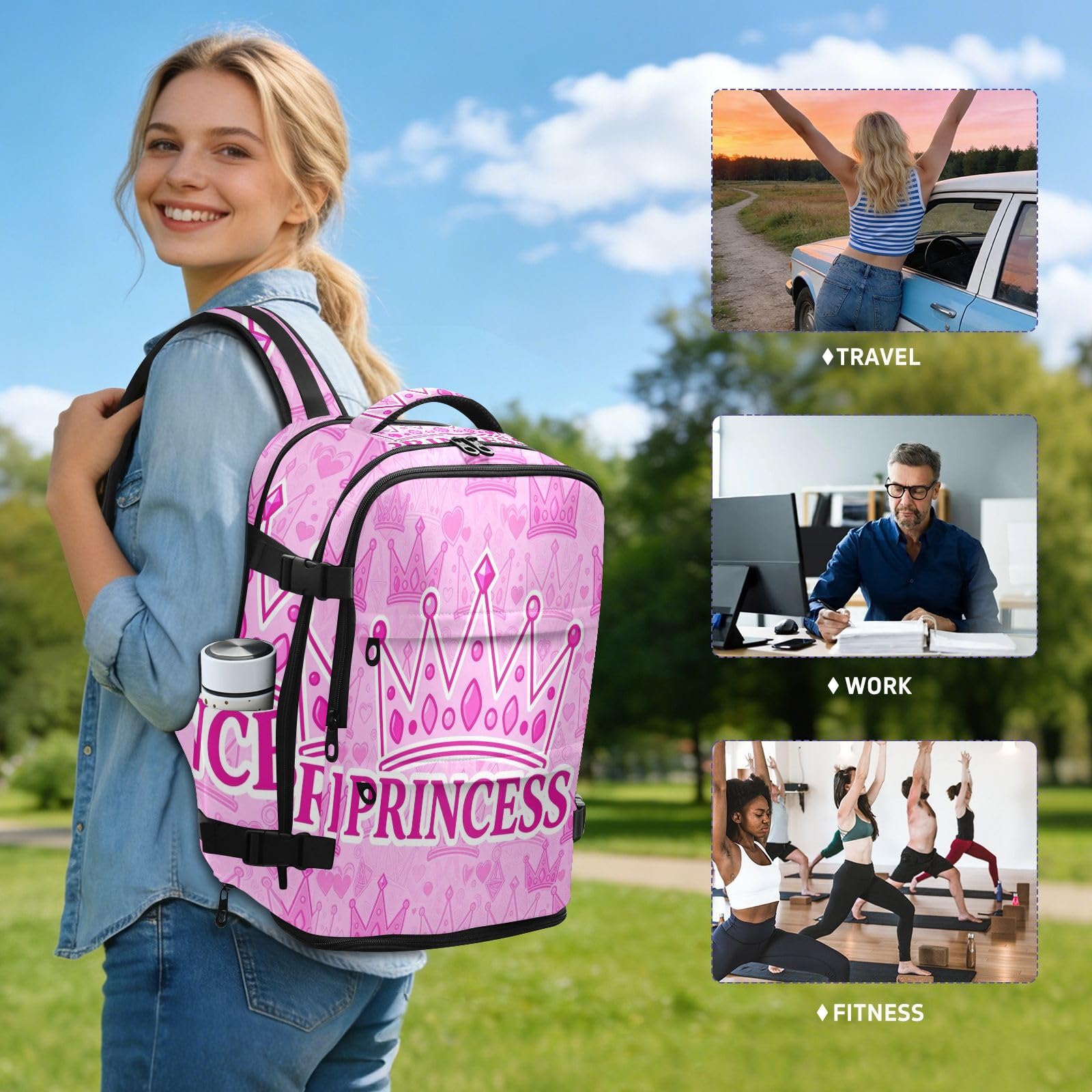 Plecak damski 15-calowa torba na laptopa do szkoły 20 l | Lekka torba do szkoły księżniczka i korona różowa torba na laptopa 16 cali do samolotów mochilas para viajes en avion 20L