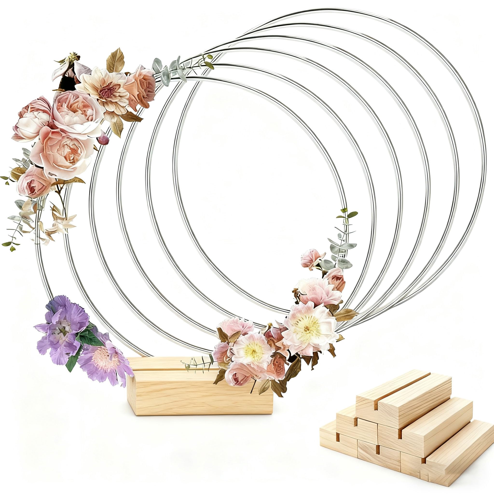 Set di 6 Cerchi Floreali in Metallo con 6 Supporti in Legno, Decorazione per centrotavola di Matrimoni, ghirlande da Appendere alla Parete, acchiappasogni in macramè Fai da Te (Dim