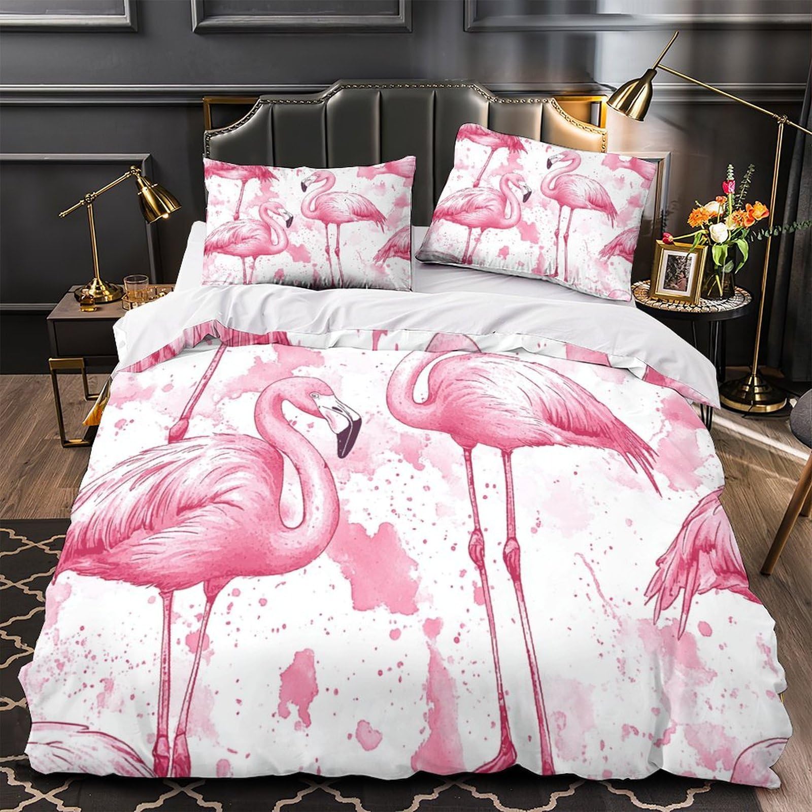 Housse de couette 260x220cm haut de gamme motif flamant 3D avec deux taies d'oreiller