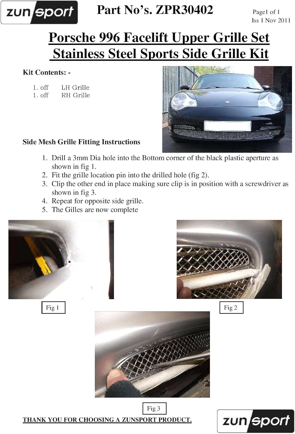 Zunsport Compatible With Porsche Carrera 996 Facelift - Front Grill Set - Black finish (2002 to 2004)