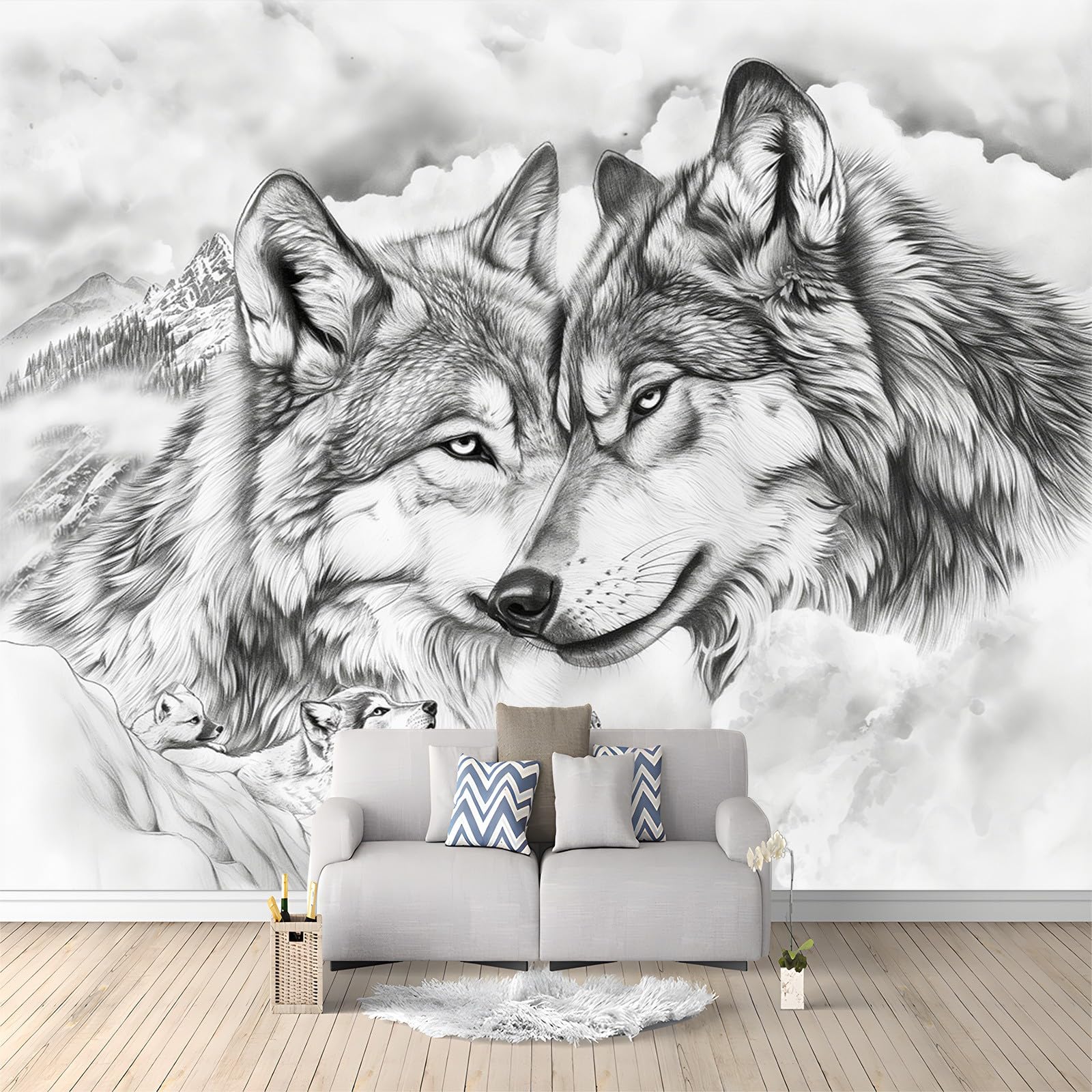 Papier peint panoramique 3D loup, un dessin au crayon pour une maison chaleureuse