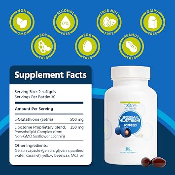 Core Med Science Liposomal Glutathione Supplement (500mg, 60 Capsules) - Pure Reduced Setria with Phospholipid Complex - Antioxidant Supplement for Energy, Brain Health, Skin & Liver Health