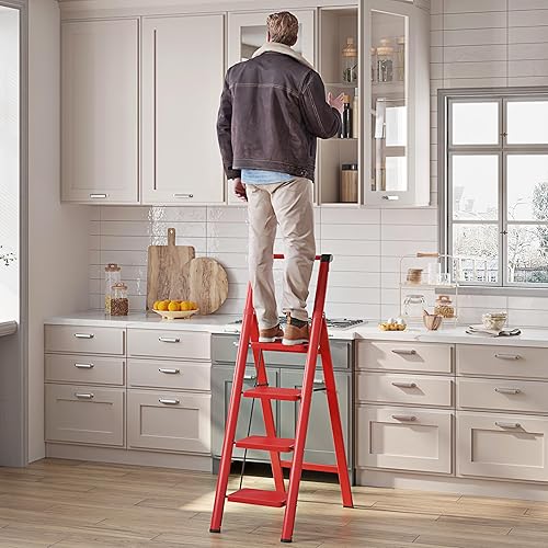 Miniatura 2 de JOISCOPE Escalera de 4 escalones, taburetes plegables para adultos con pedal antideslizante ancho, escalera de acero ligera y resistente de 600