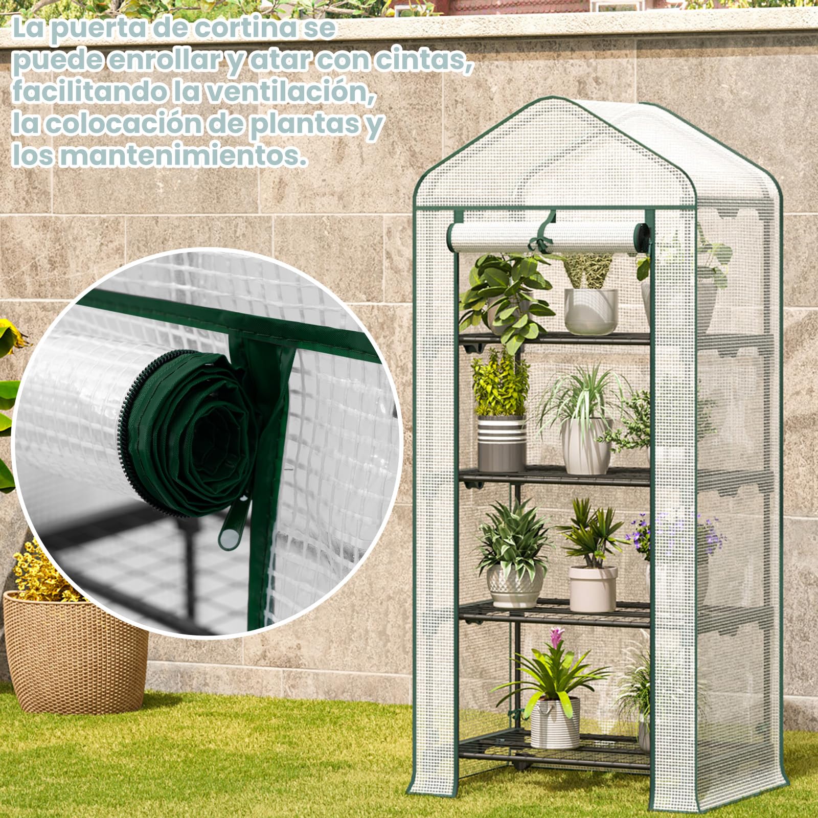 WOLTU Invernadero para Plantas, Invernadero Movil con Ruedas, Cubierta de PE 130g/m², con 4 Estantes, Puerta Enrollable con Cremallera, Blanco, 70x50x162 cm | Invernadero semitransparente para tomates con puerta enrollable, protección de invierno para pla
