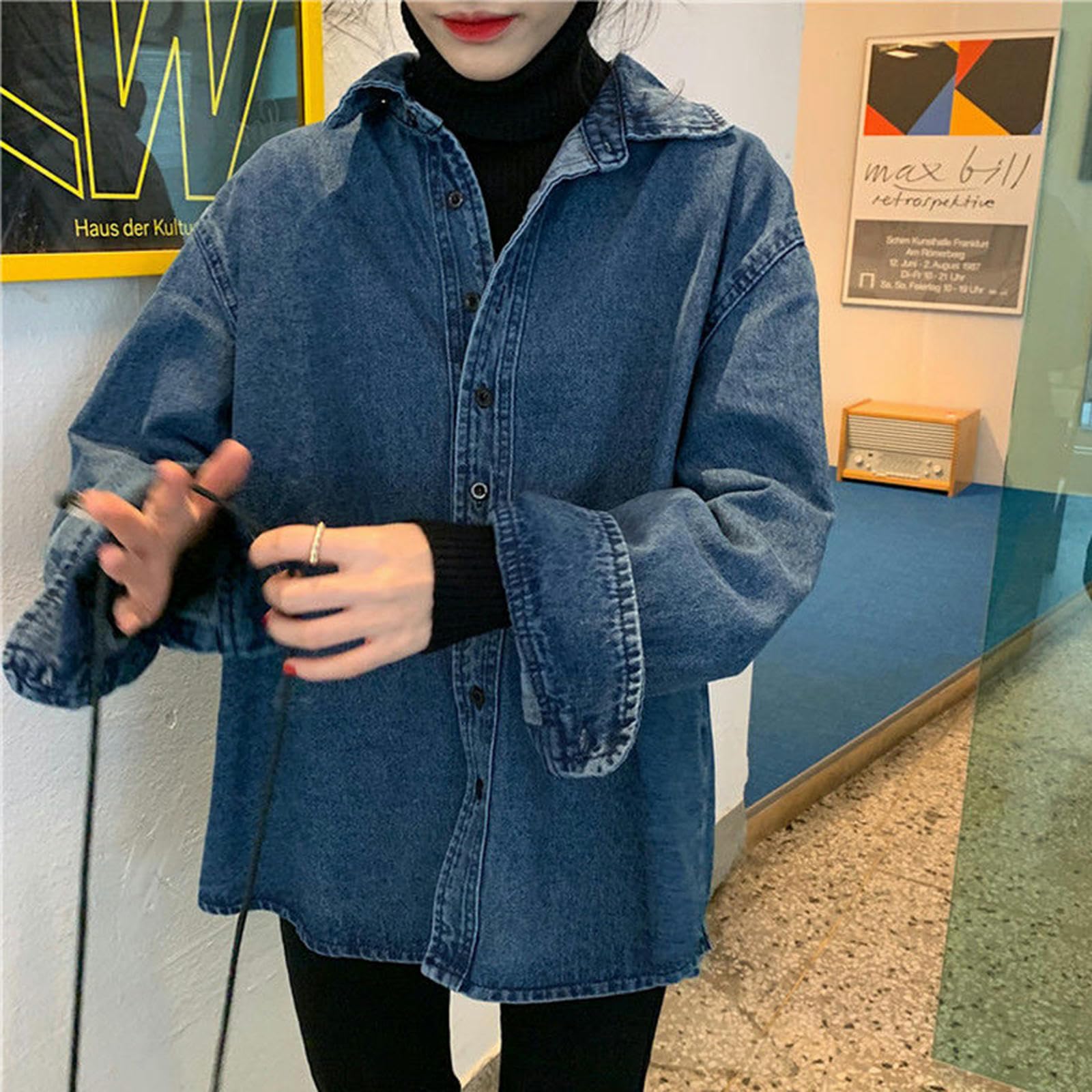 Camisa Vaquera de Manga Larga de otoño Camisa con Bolsillo de un Solo Pecho Camisa Vaquera de Solapa para Mujer Mujer-8335 Azul-XL