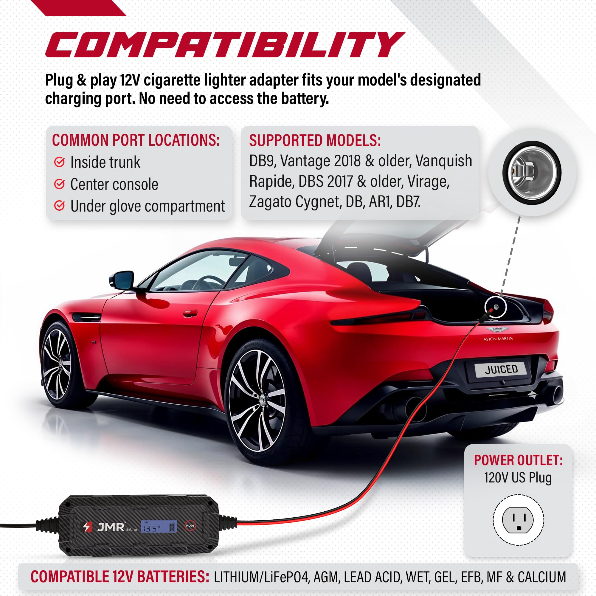 Amazon.com: JMR 12V Battery Charger for Aston Martin, 12V Cig 