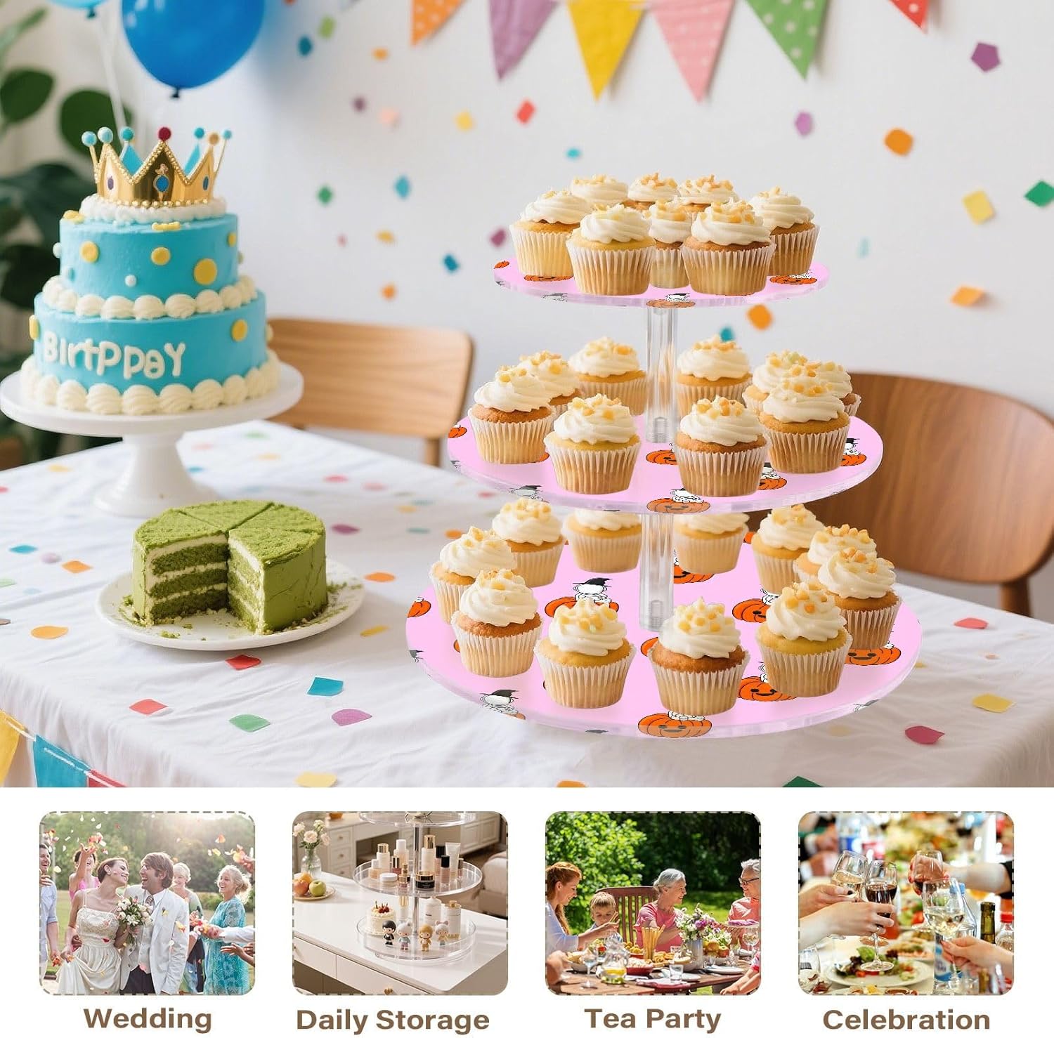 Ghost Pumpkin Halloween 3 Tier Acrylic Cupcake Stand, Cupcake Stand for 34 Cupcakes for Weddings,Christmas,Holidays,Parties,Birthday,Printed Cupcake Tower 23300358