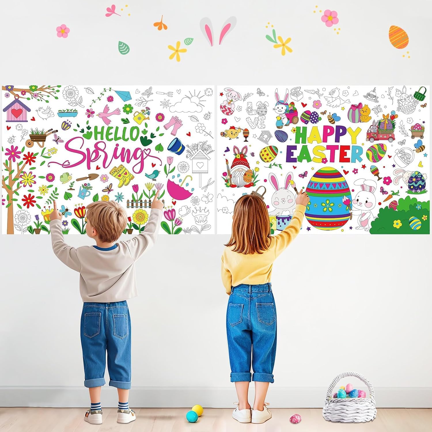AUGSUN 2 Pcs Giant Easter Coloring Poster, Large Spring Coloring Tablecloth Jumbo Hello Spring Color-in Banner Easter Color-in Books Crafts for Kids School Family Party Game Activities Decor Supplies