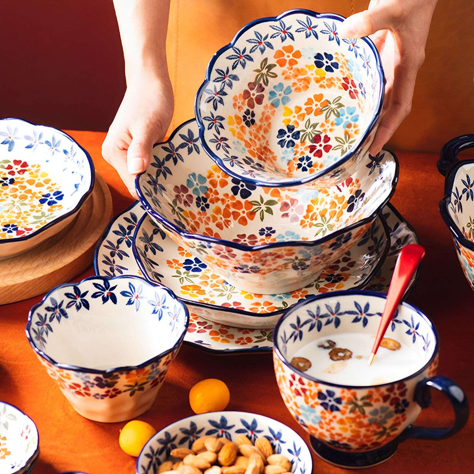 Ceramiczne naczynie do pieczenia do piekarnika, małe naczynie do zapiekania z uchwytami, piekarnik ceramiczny do pieczenia kolorowe kwiaty A-okrągłe 950 ml