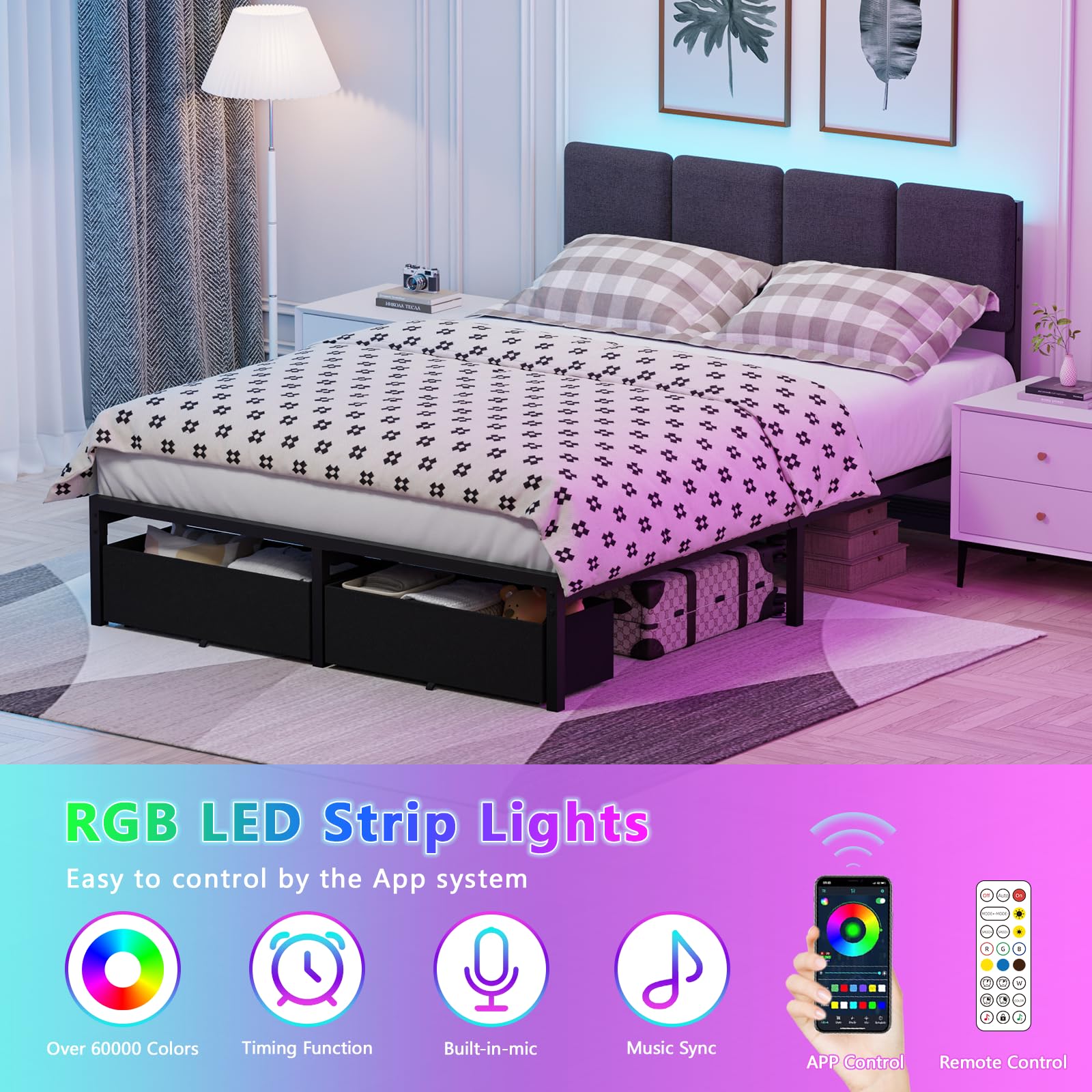 Base de cama de tamaño matrimonial con cabecero, cama tapizada matrimonial con luz LED, estación de carga USB, base de cama de plataforma con 2 cajones de almacenamiento debajo de la cama, no 4