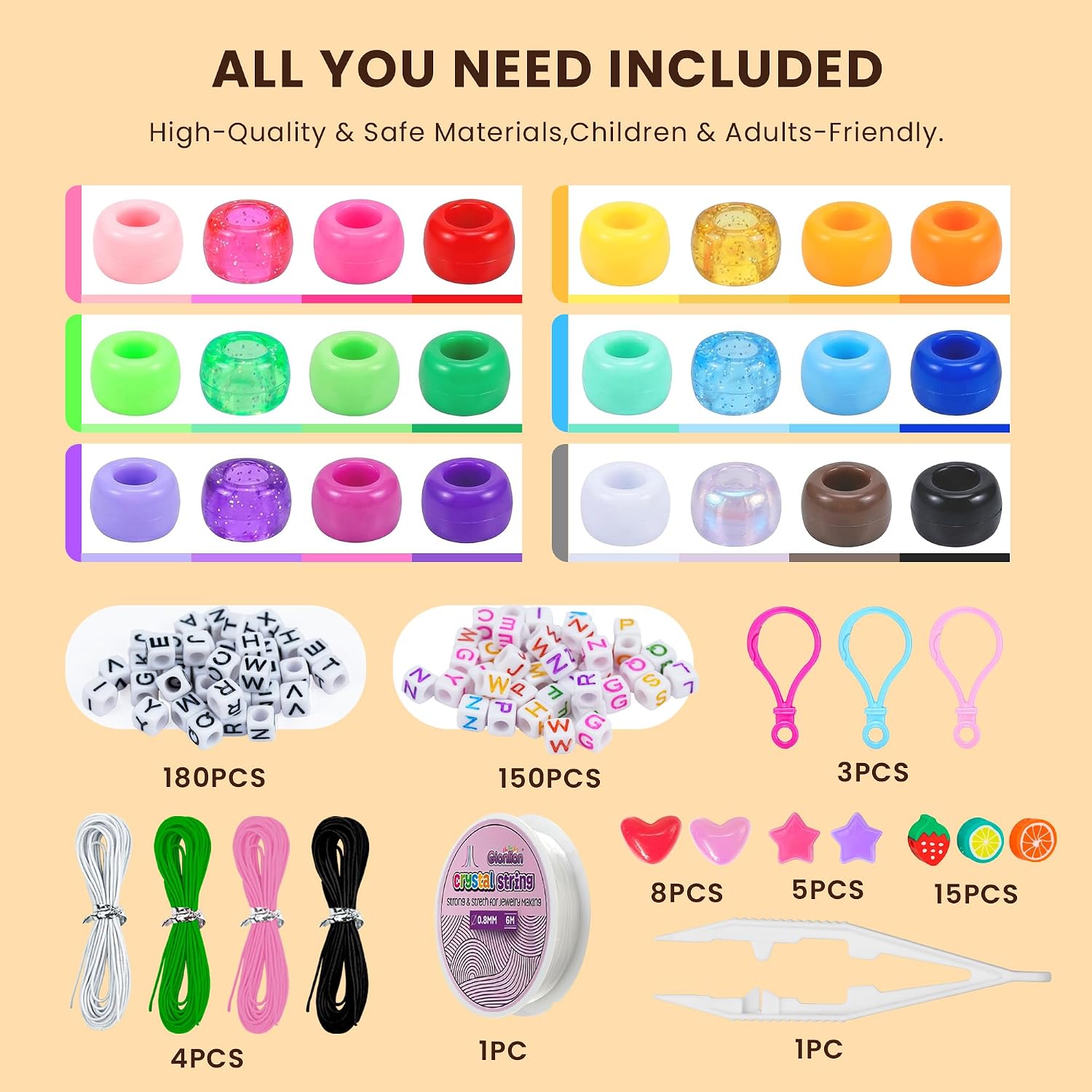 Gionlion 1000PCS Pony Beads Bulk Bracelet Making Kit, 24 Colors Kandi Beads for Bracelets and Jewelry Making, Letter Beads and Charms for DIY Hair Braiding, Craft and Gift for Girls