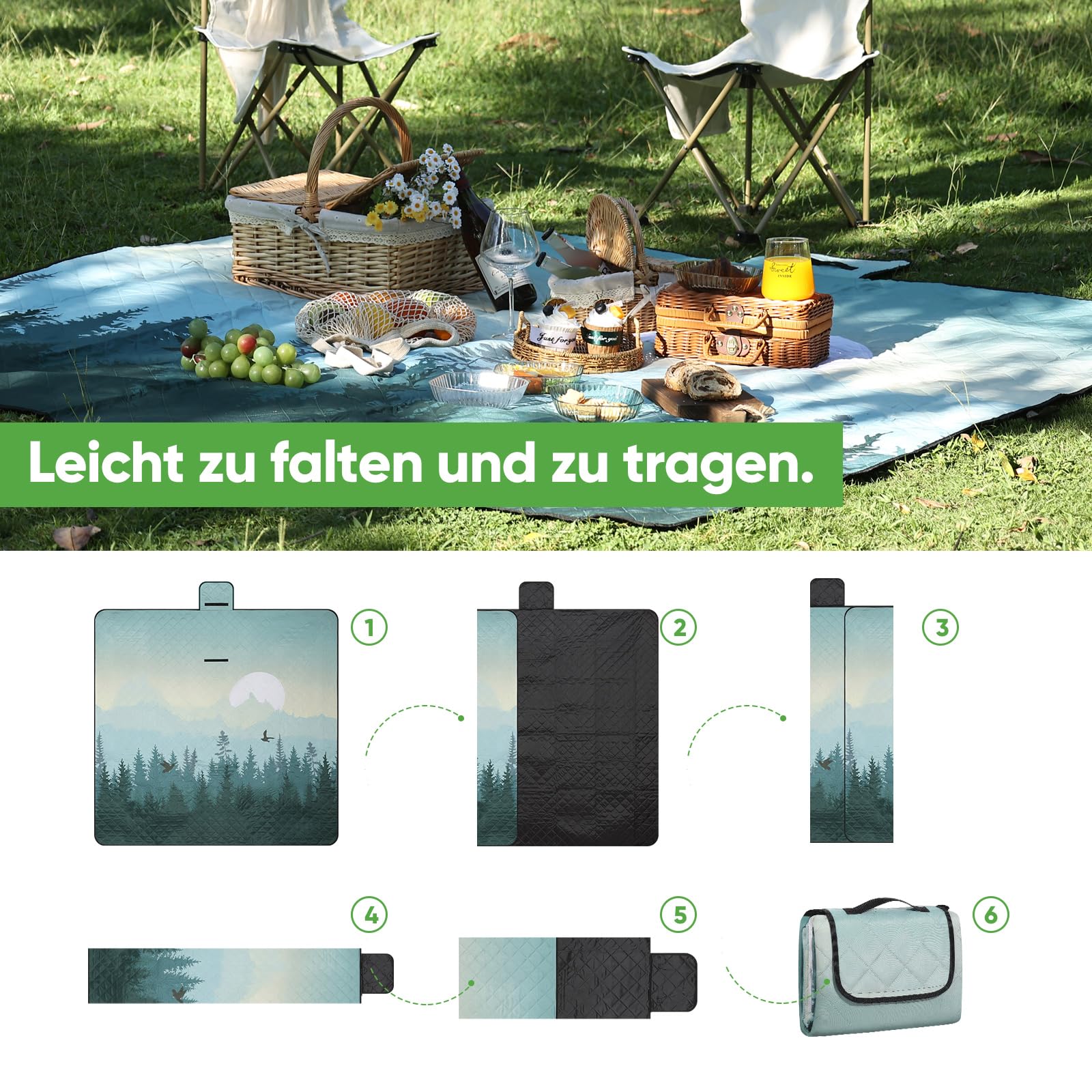 Picknickdecke isoliert 200 x 200cm XXL wasserdicht, 210D Oxford Campingdecke Stranddecke Ultraleicht, Picnic Blanket mit Tragegriff Outdoor Decke für 6-8 Personen, Wald